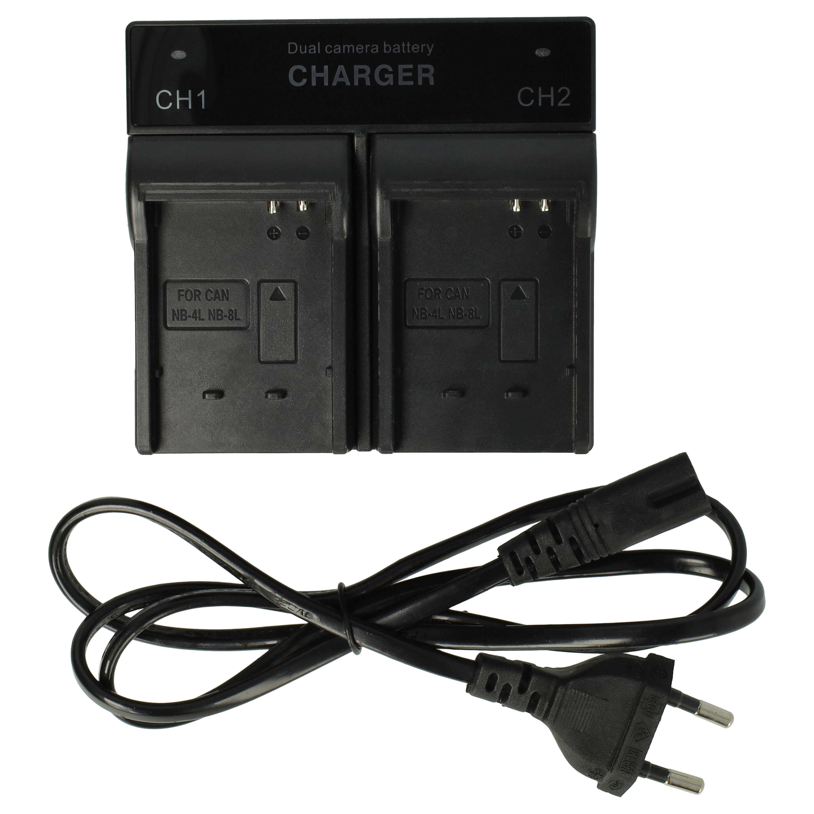 Schwarzes Dual-Kamera-Batterieladegerät mit Netzkabel. Weißer Hintergrund.