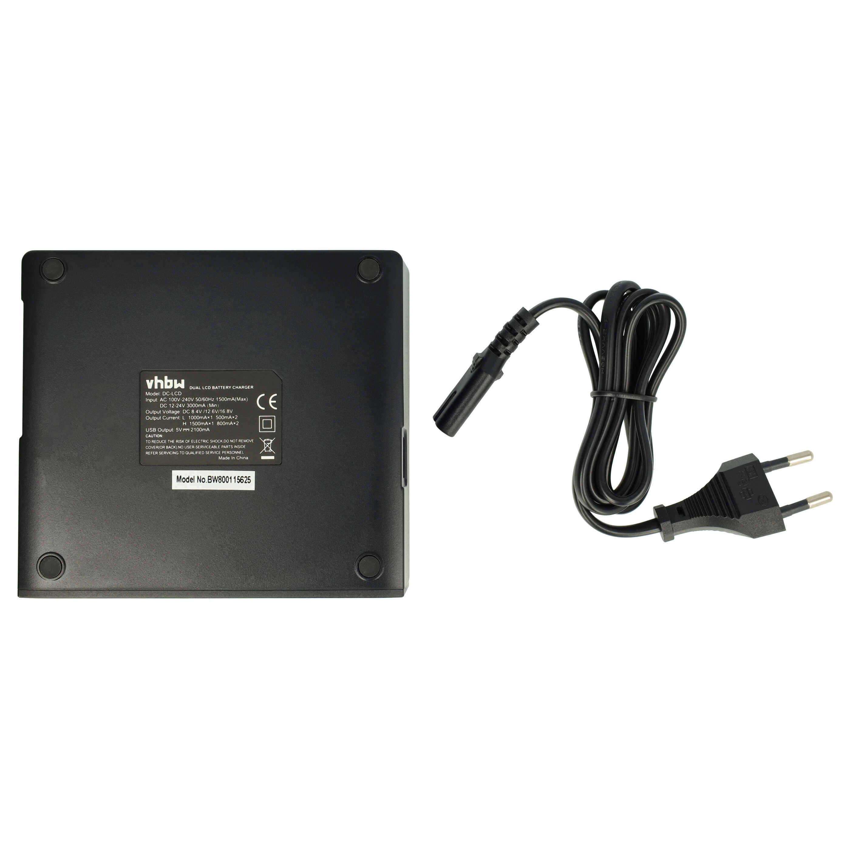Schwarzes Ladegerät mit schwarzem Kabel und europäischem Stecker. Text auf dem Ladegerät ist sichtbar.