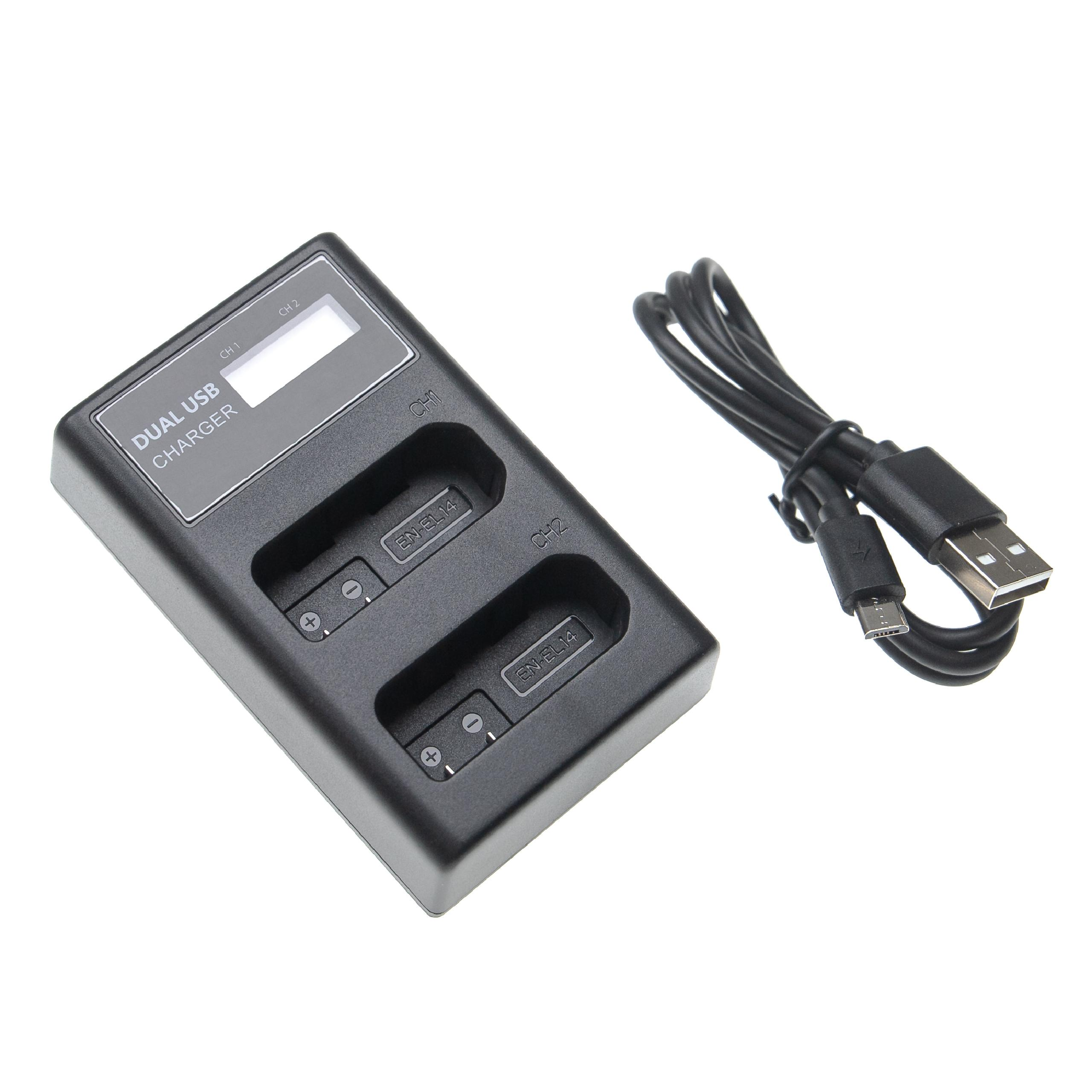 Schwarzes Dual-USB-Ladegerät mit Display und Kabel, mit dem Text 'DUAL USB CHARGER'.
