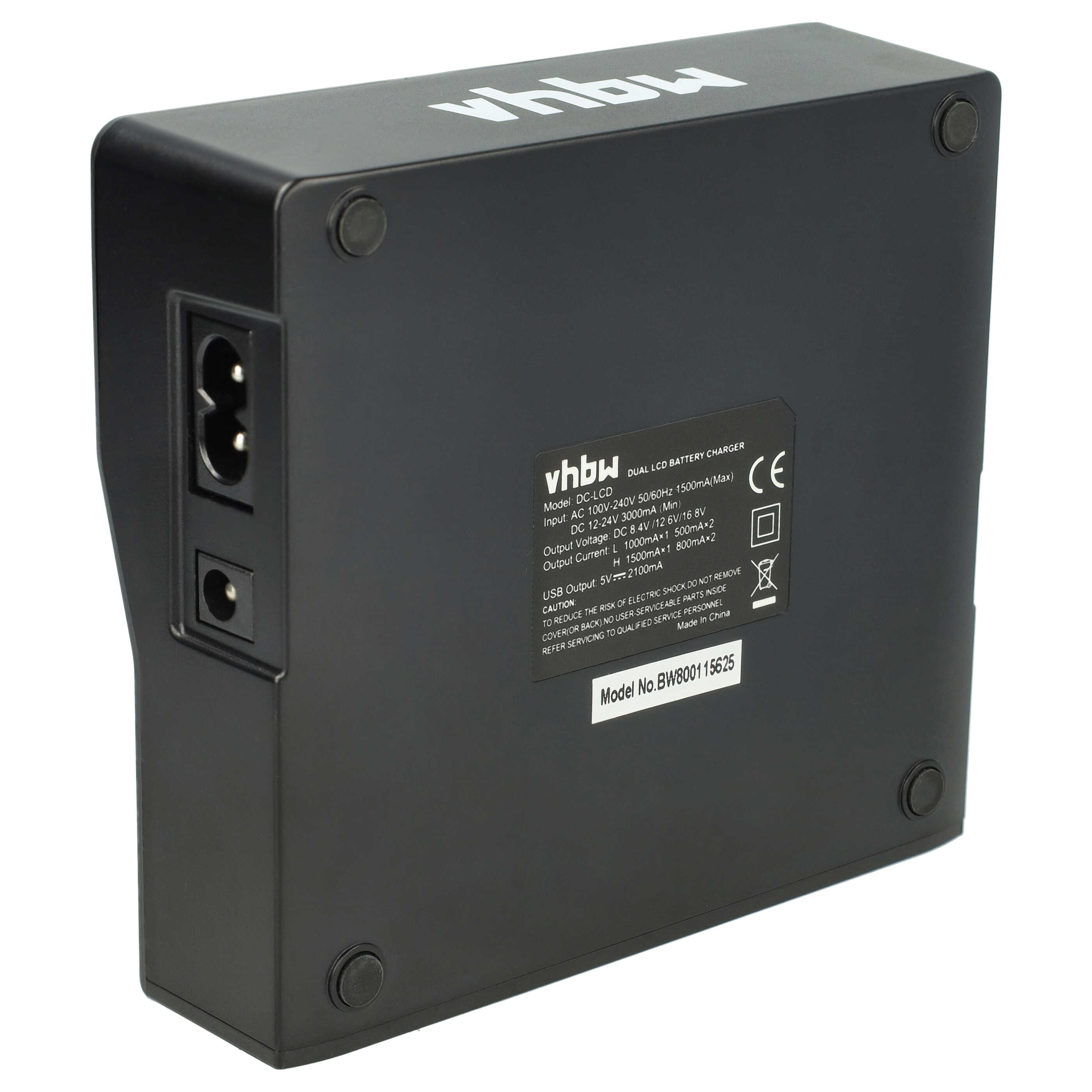 Schwarzes Dual-LCD-Batterieladegerät mit Eingangs- und Ausgangsanschlüssen. Weißer Hintergrund.