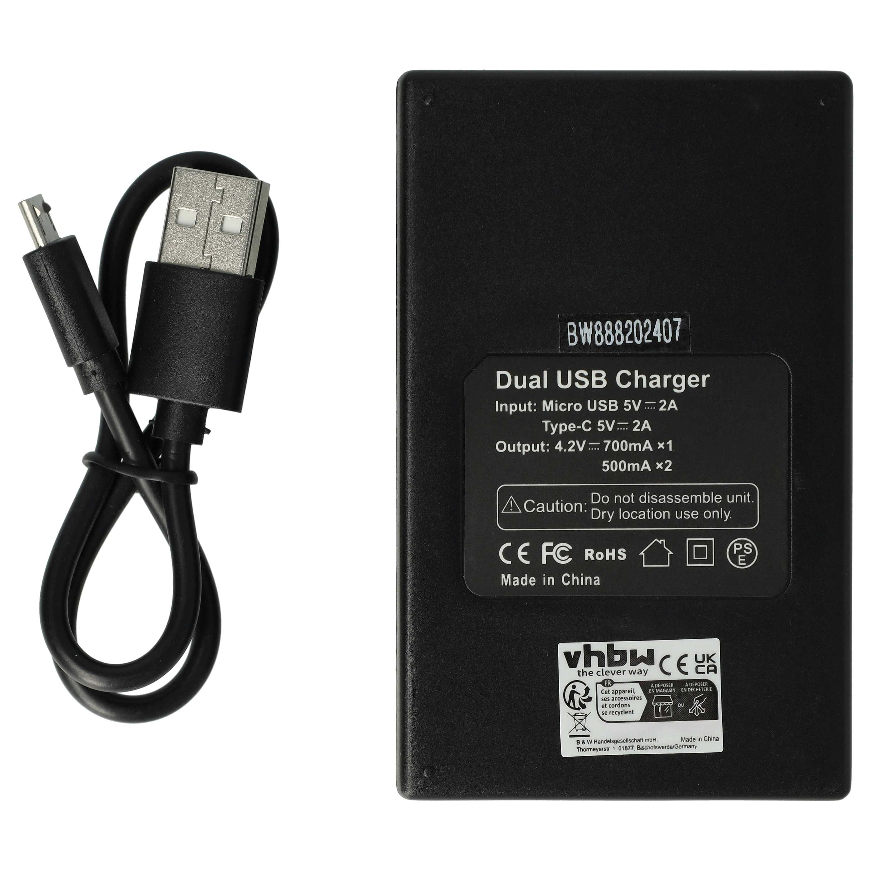 Schwarzes Dual-USB-Ladegerät mit USB- und Micro-USB-Kabel und technischen Details.