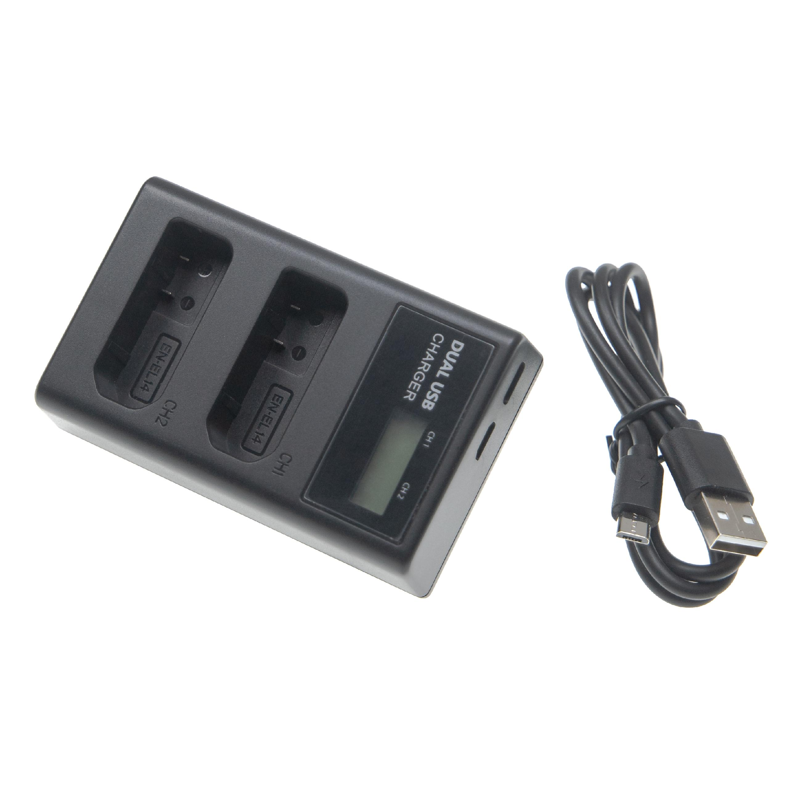 Ein schwarzes Dual-USB-Ladegerät für Batterien mit USB-Kabel und zwei Ladeschlitzen.