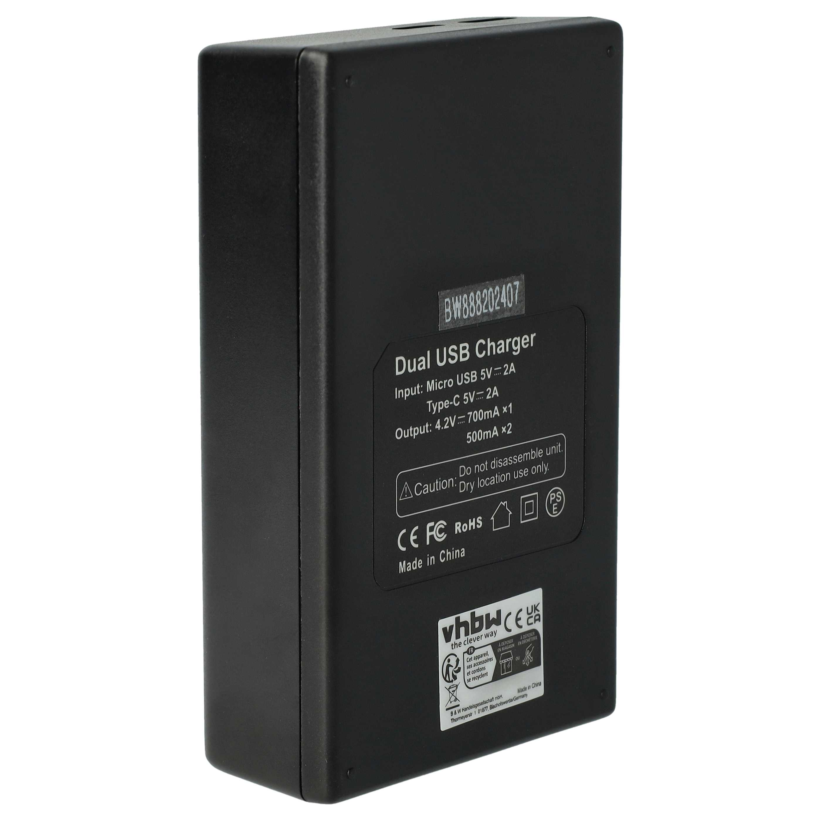 Schwarzes Dual-USB-Ladegerät mit Gerätedetails. Der Text auf der Frontplatte ist sichtbar.