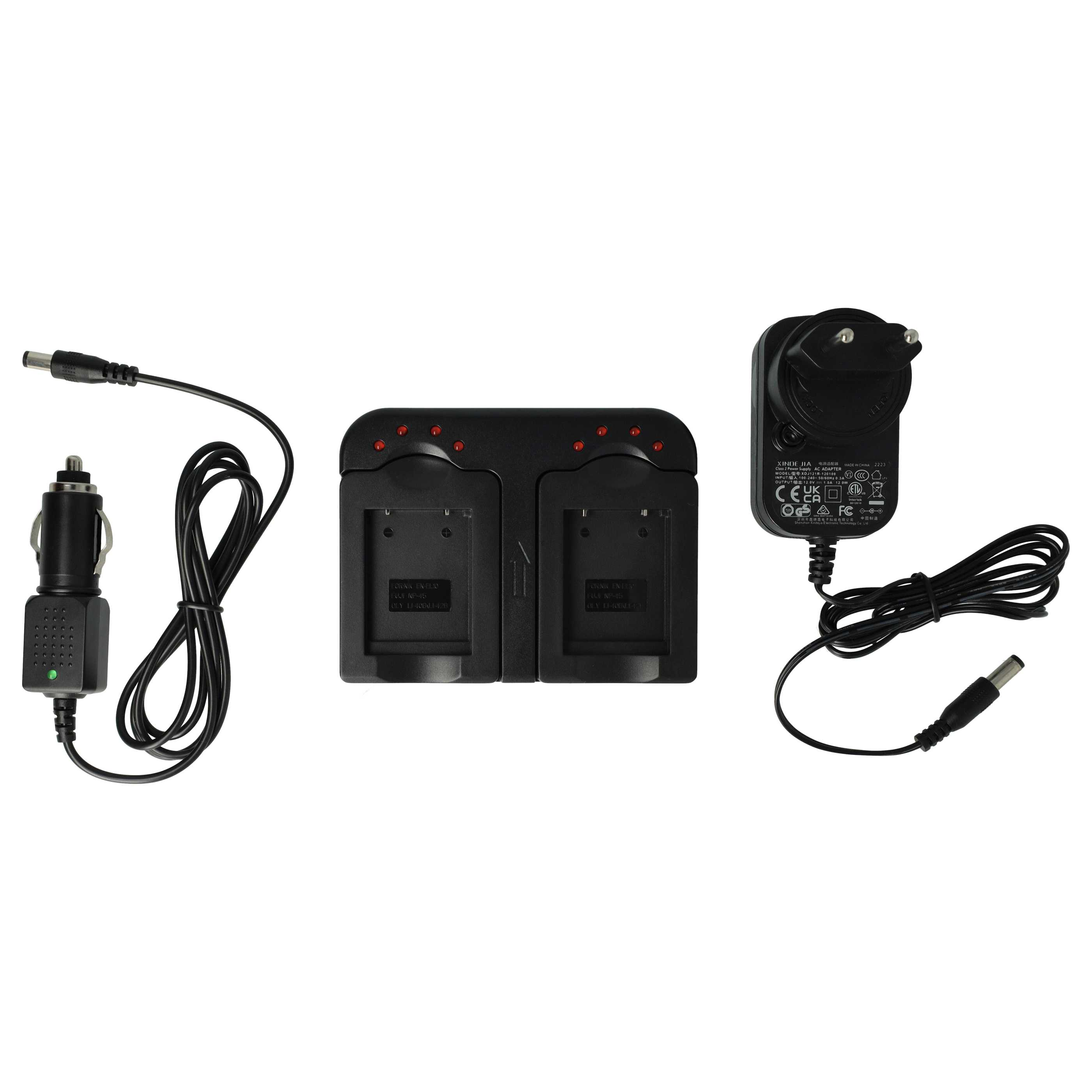 Ein Ladegerät-Set. Enthält einen Auto-Adapter und zwei Wandladegeräte, alle schwarz. Kabel und Anschlüsse sind sichtbar.