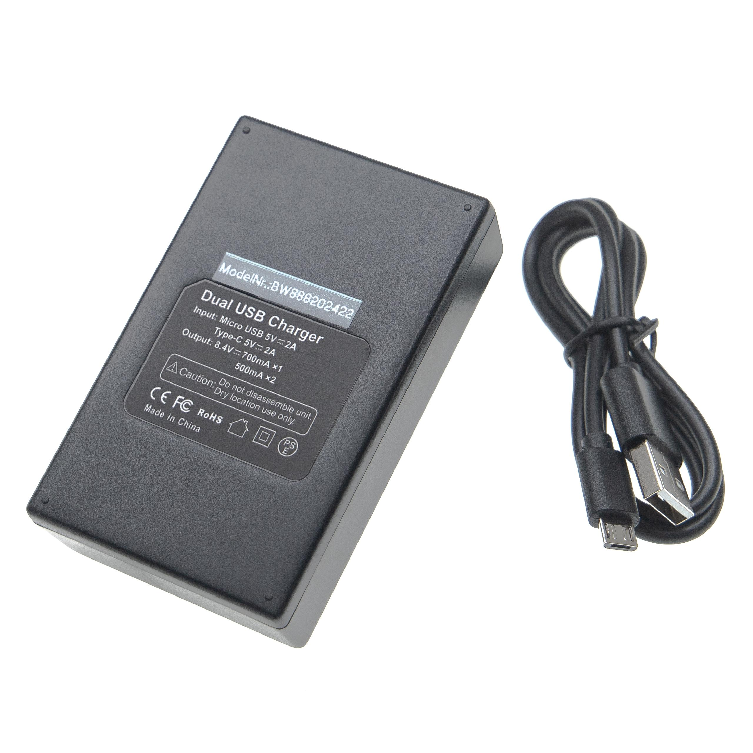 Ein schwarzes Dual-USB-Ladegerät mit Modellnummer, ein schwarzes Kabel mit USB- und Micro-USB-Anschlüssen auf weißem Hintergrund.