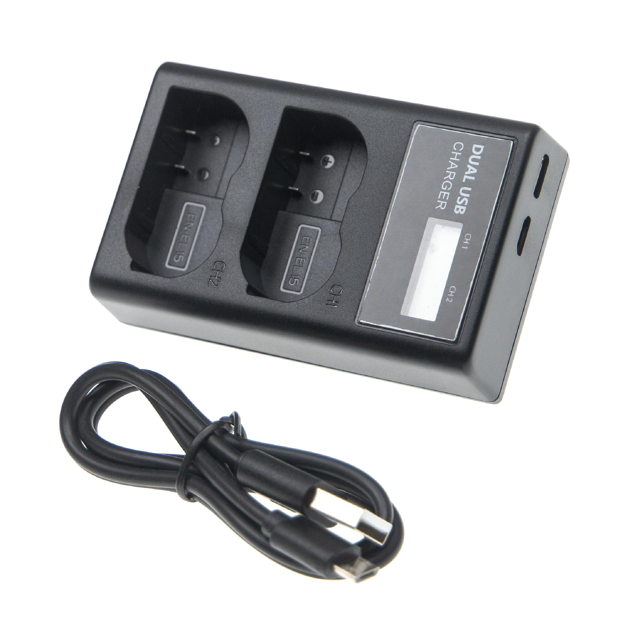 Dual-USB-Ladegerät. Schwarze Farbe. Zwei Ladeschlitze. Schwarzes Ladekabel.