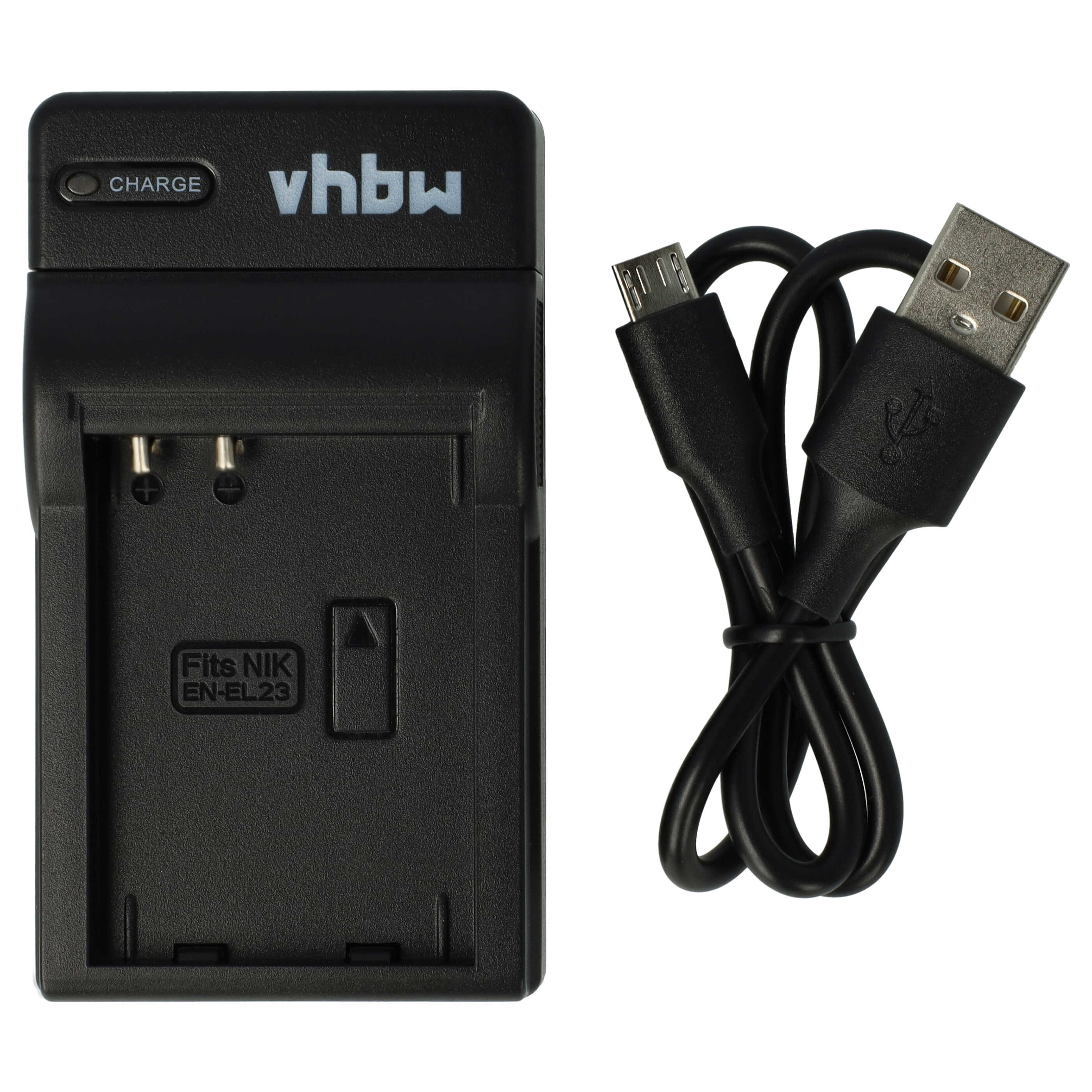 Schwarzes Ladegerät mit Kabel und USB-Anschluss. Passend für Nikon EN-EL23 Akku. Weißer Hg.
