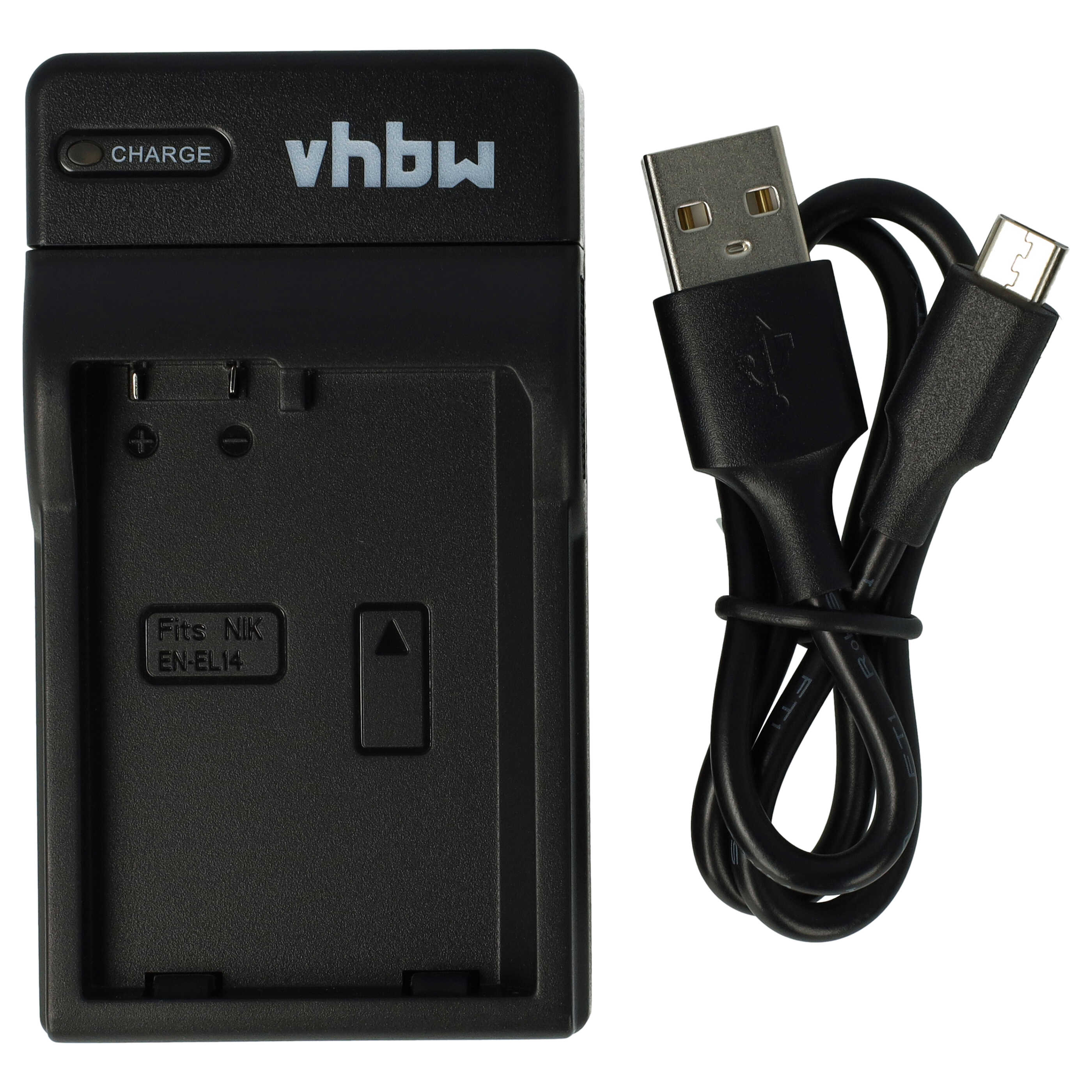 Schwarzes vhbw Kamera-Akkuladegerät mit USB-zu-Micro-USB-Ladekabel.