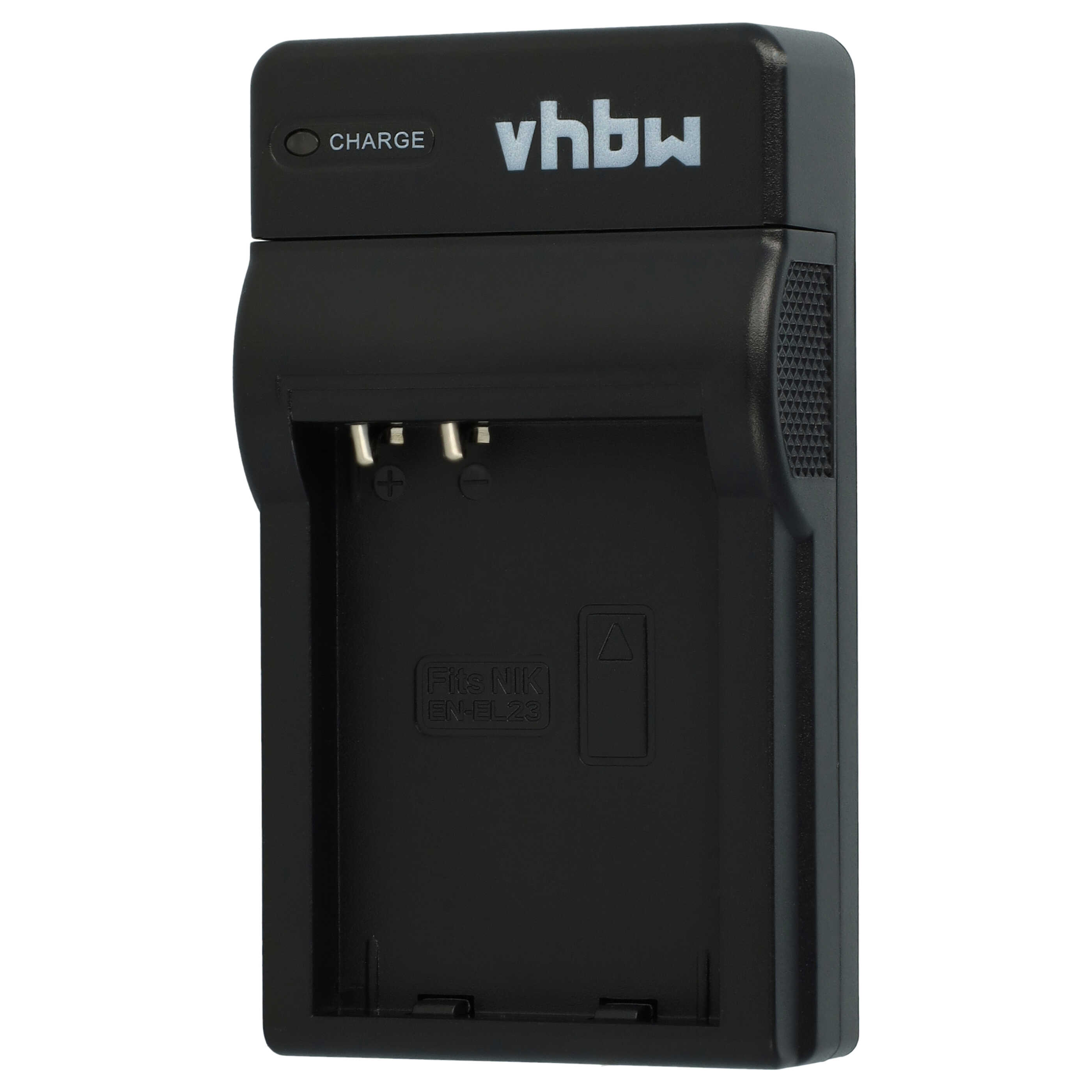 Ein schwarzes Batterieladegerät mit dem Markennamen „vhbw“ und Ladeanschlüssen.