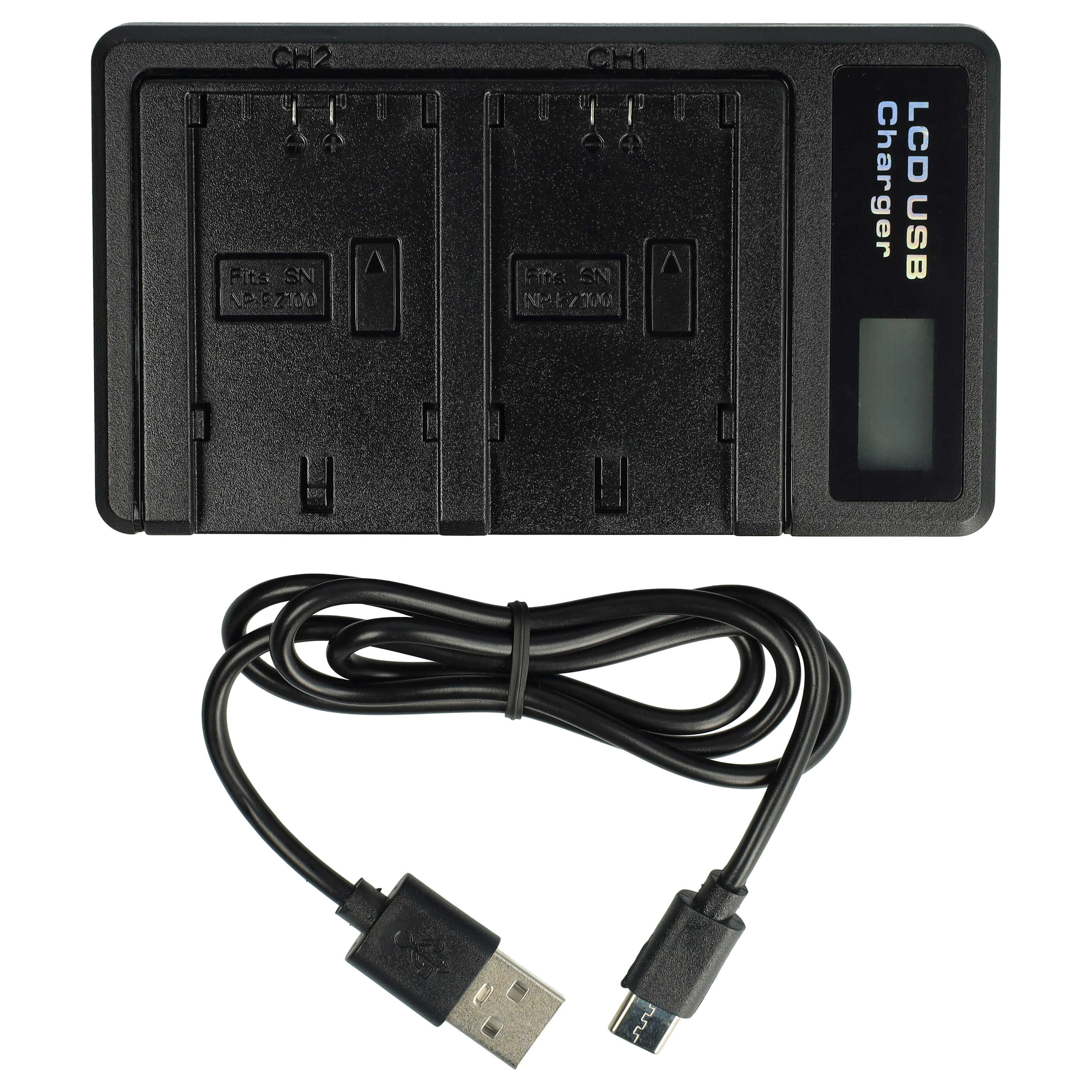 Schwarzes Dual-Ladegerät mit LCD-Bildschirm und USB-Kabel. Weißer Hintergrund.