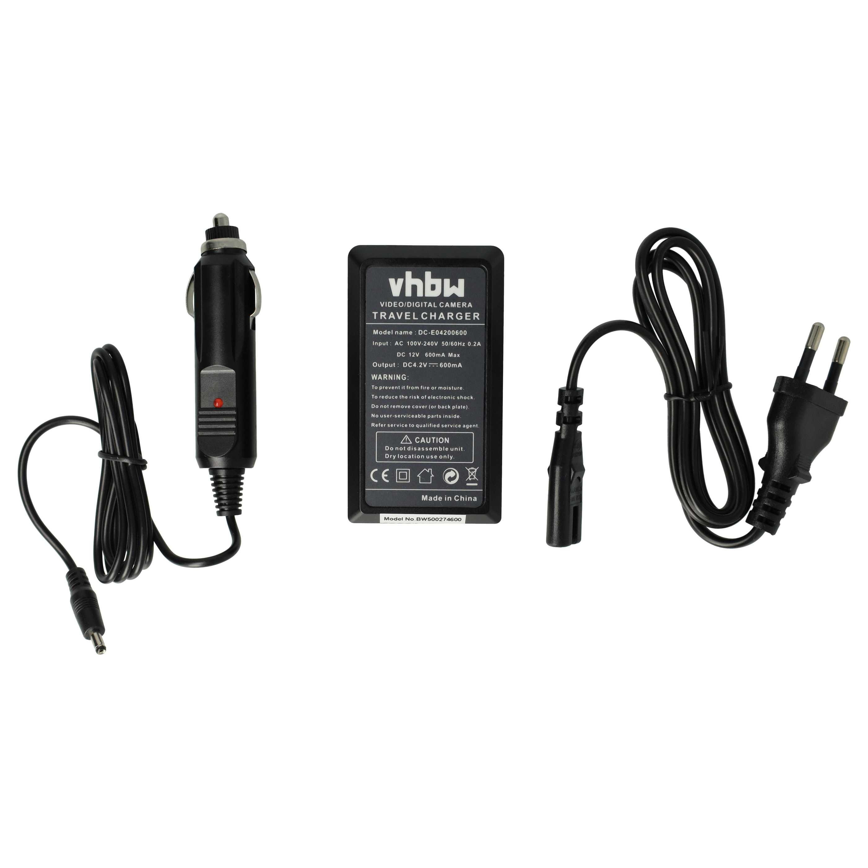 Schwarzes Ladegerät mit Kabeln. Enthält einen Auto-Adapter, ein Ladegerät und ein Netzkabel mit Stecker.