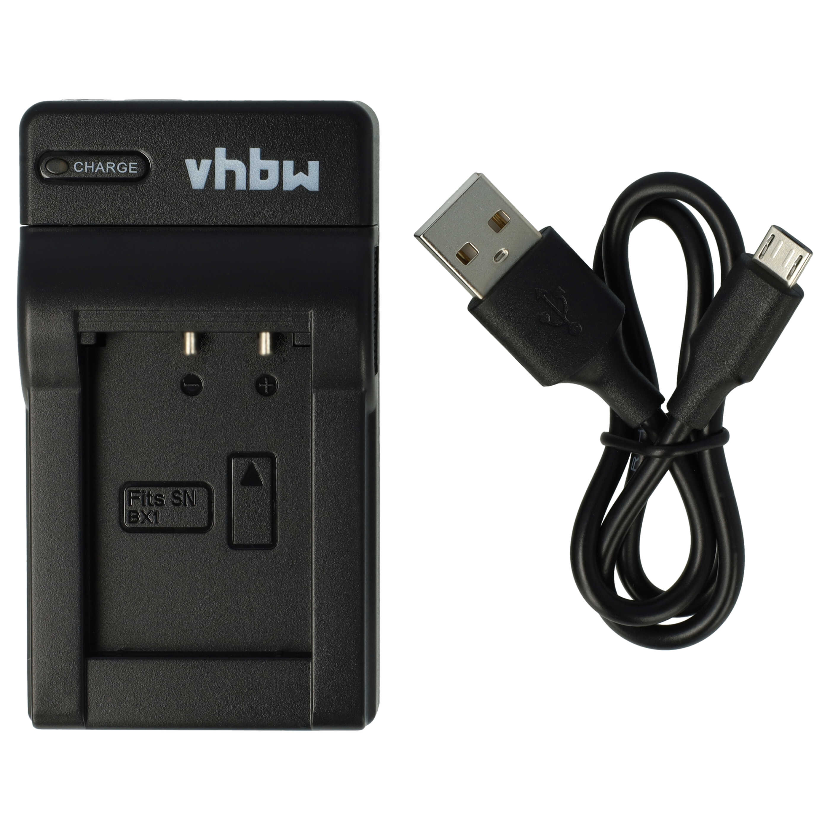 Schwarzes Kamera-Akkuladegerät mit USB-Kabel. Weißer Hintergrund.