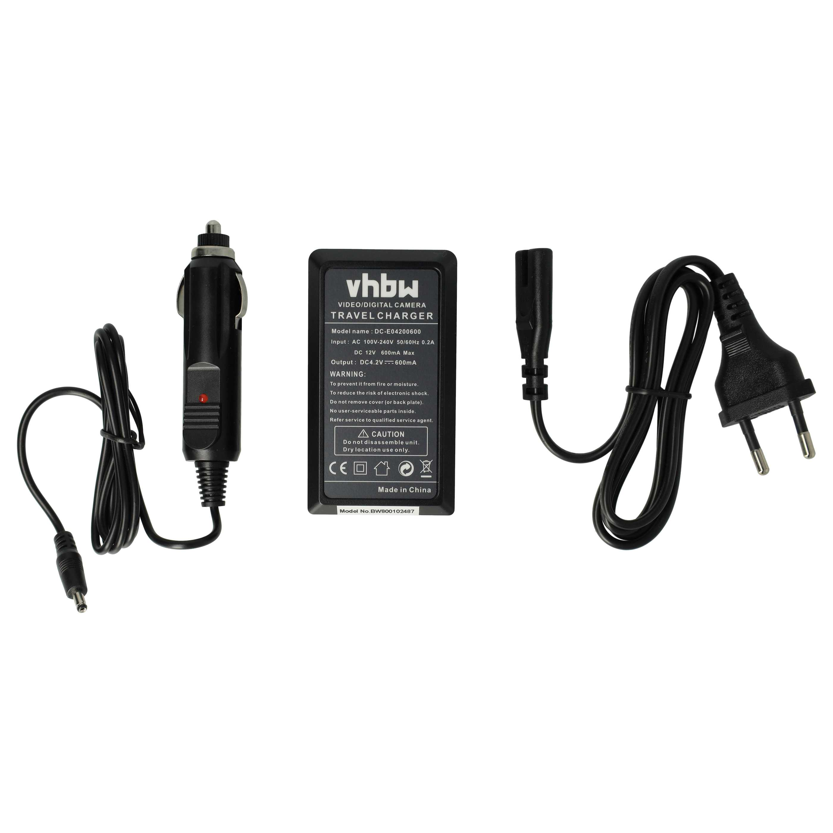 Ein schwarzes Autoladegerät, ein Batterieladegerät und ein Netzkabel.