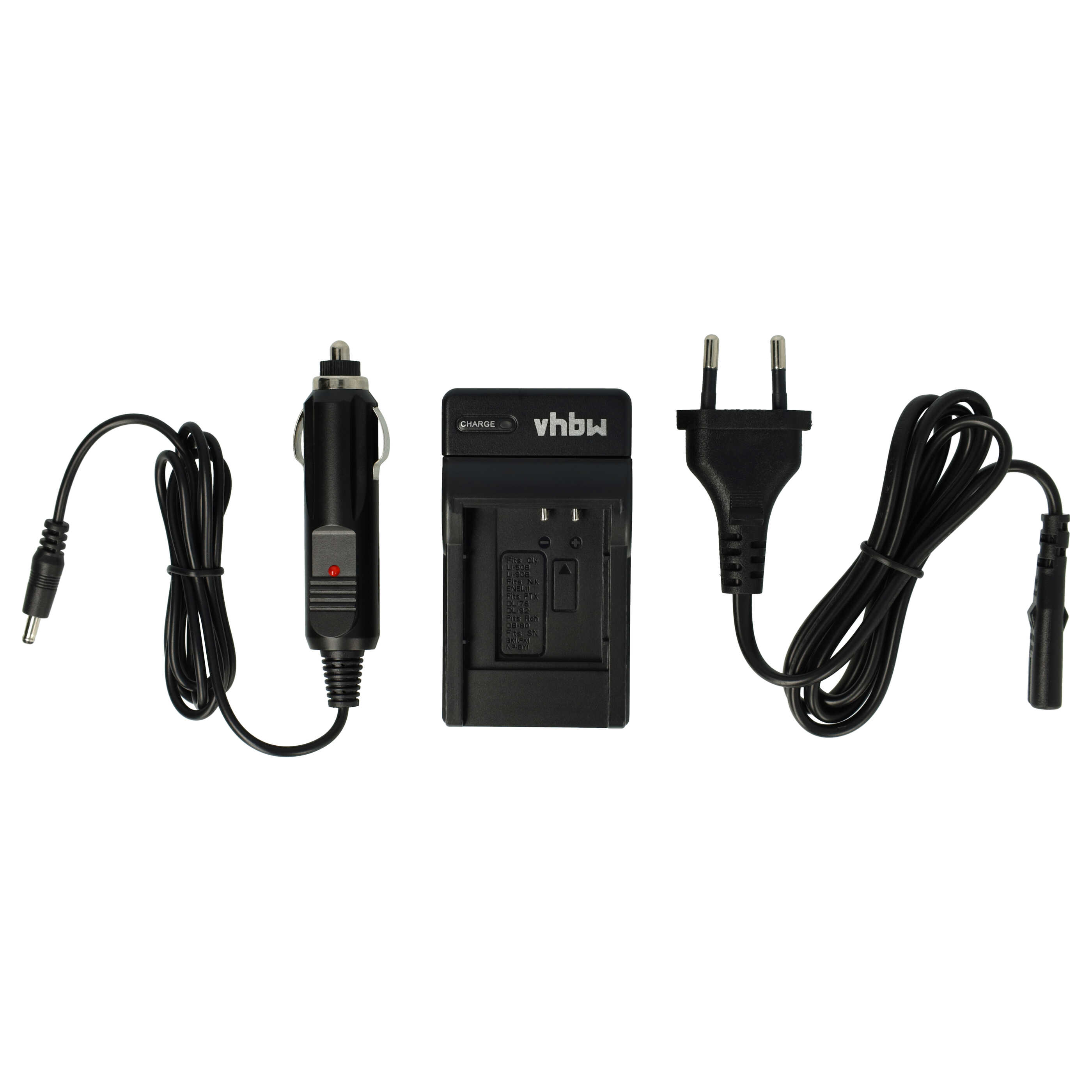 Schwarzes Ladegerät, Auto-Adapter und Netzstecker mit Kabeln auf weißem Hintergrund.