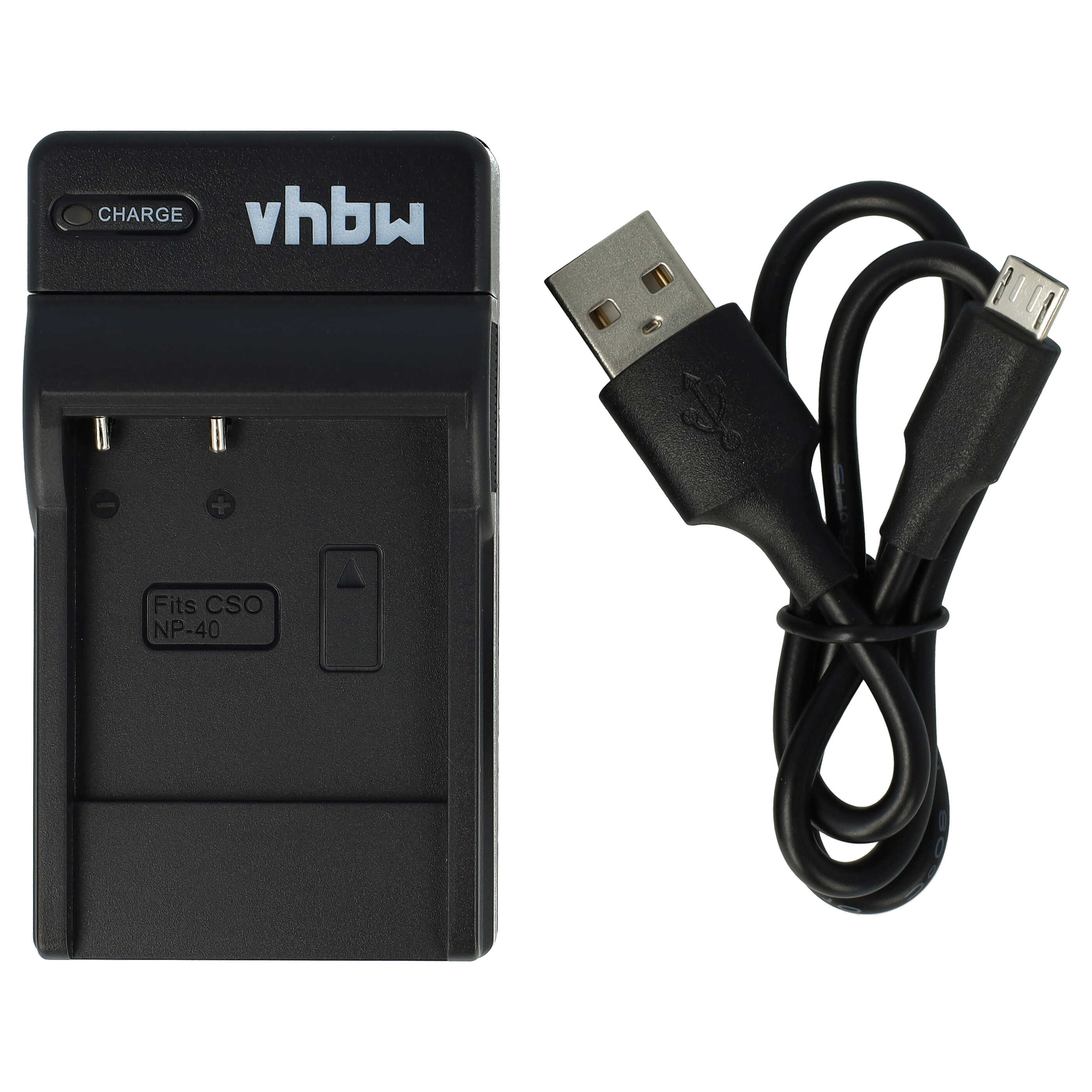 Schwarzes vhbw-Ladegerät mit USB-Kabel. Ladegerät hat Schlitze und einen USB-Anschluss.