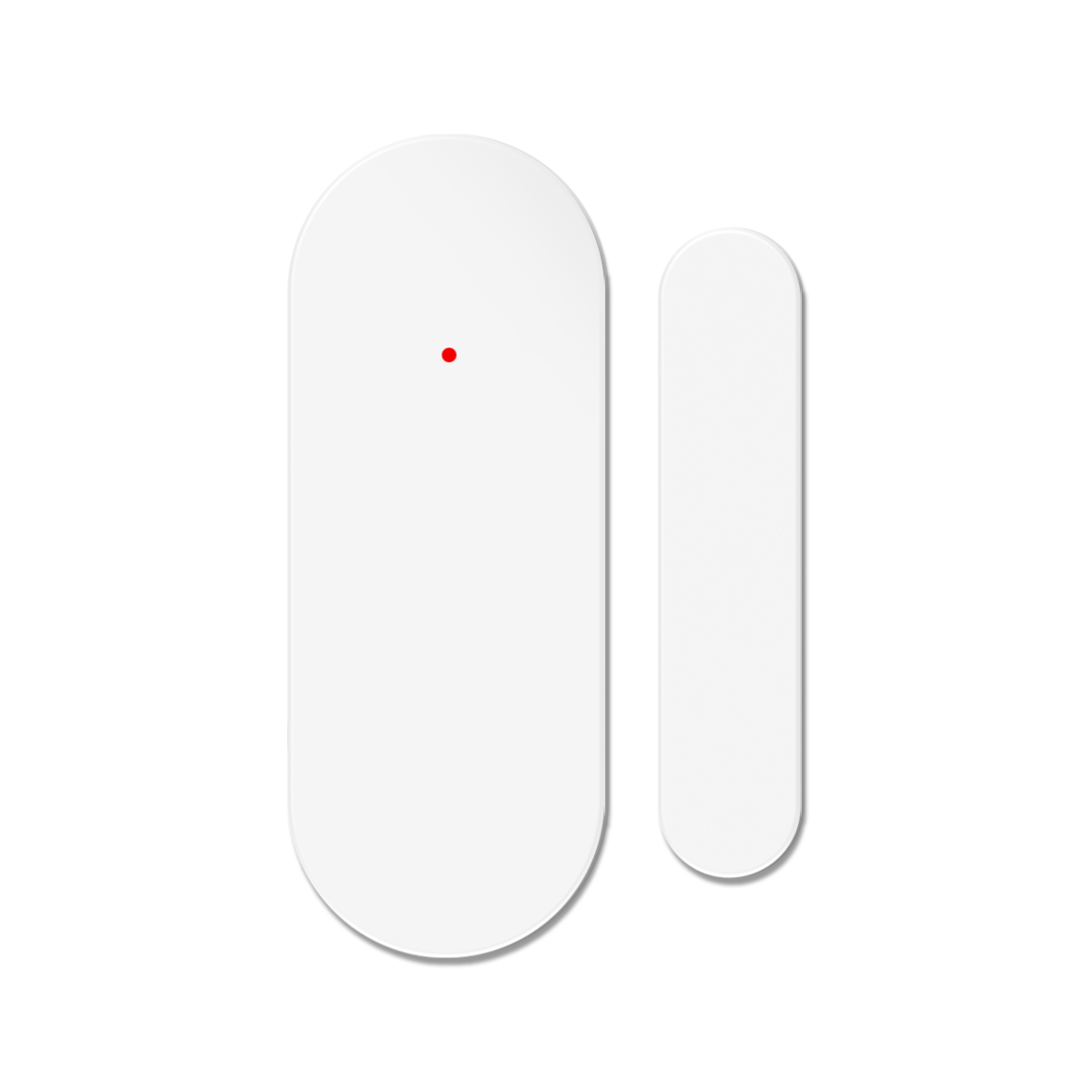 Sensor de puerta blanco. Un rectángulo largo, uno corto, con un punto rojo.