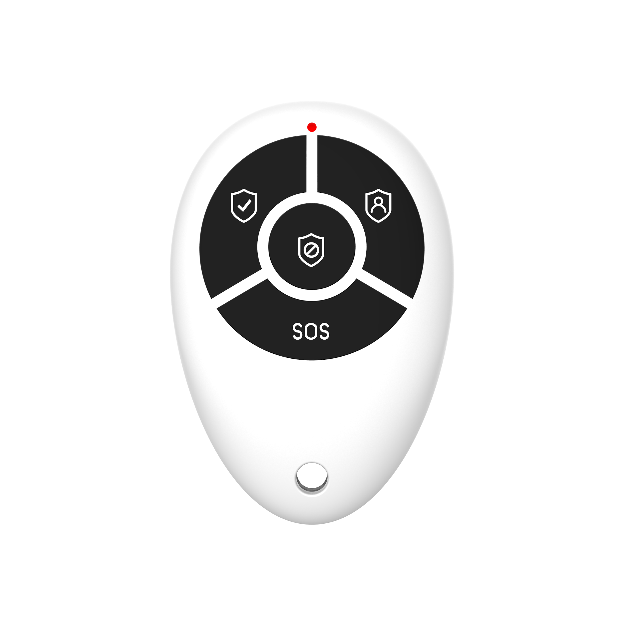 Control remoto blanco con tres botones negros con iconos. Botón SOS en el centro. Fondo negro.
