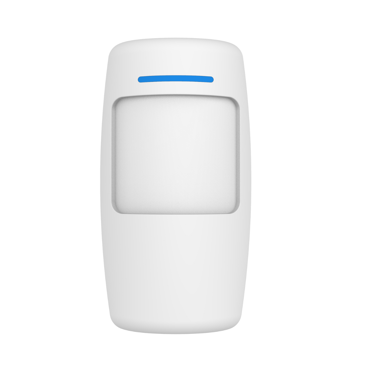 Sensor de movimiento blanco con una luz azul en la parte superior.