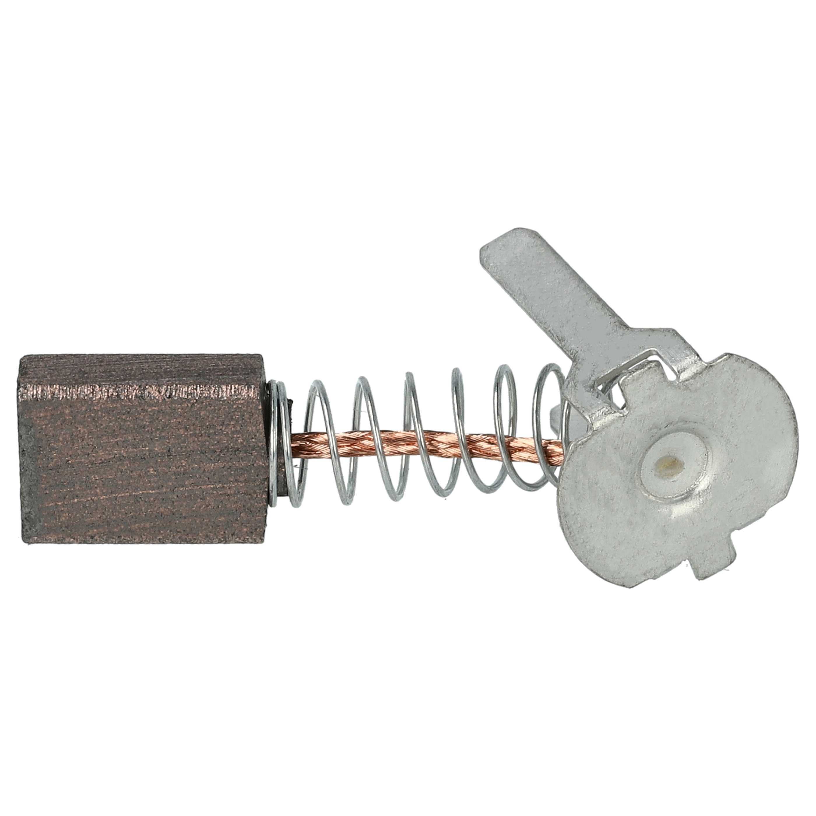 Kohlebürste, Feder und Metallhalterung. Die Bürste ist dunkel, die Feder kupferfarben, der Halter silbern.