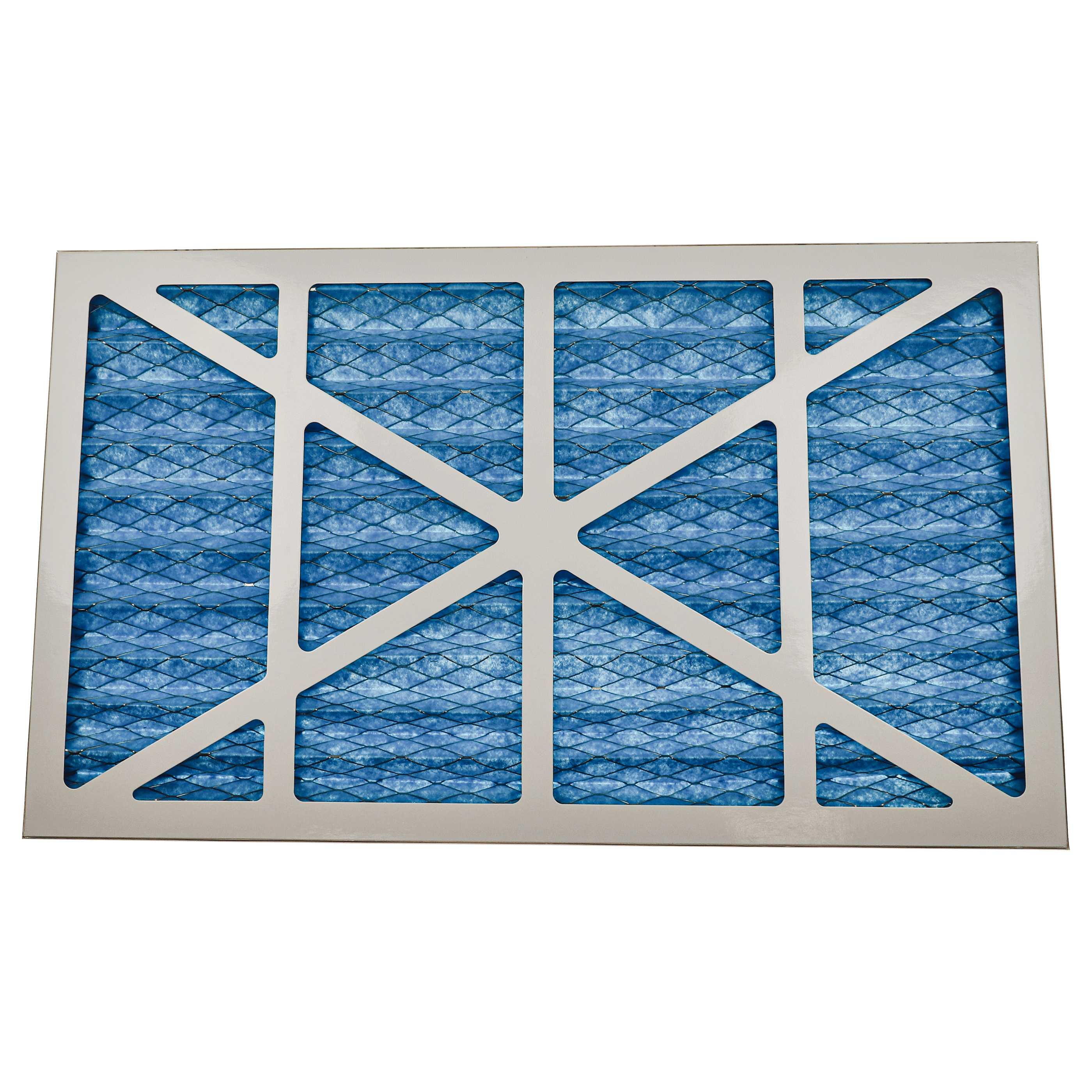 Ein rechteckiger Luftfilter mit Metallrahmen und einem blauen Filter.