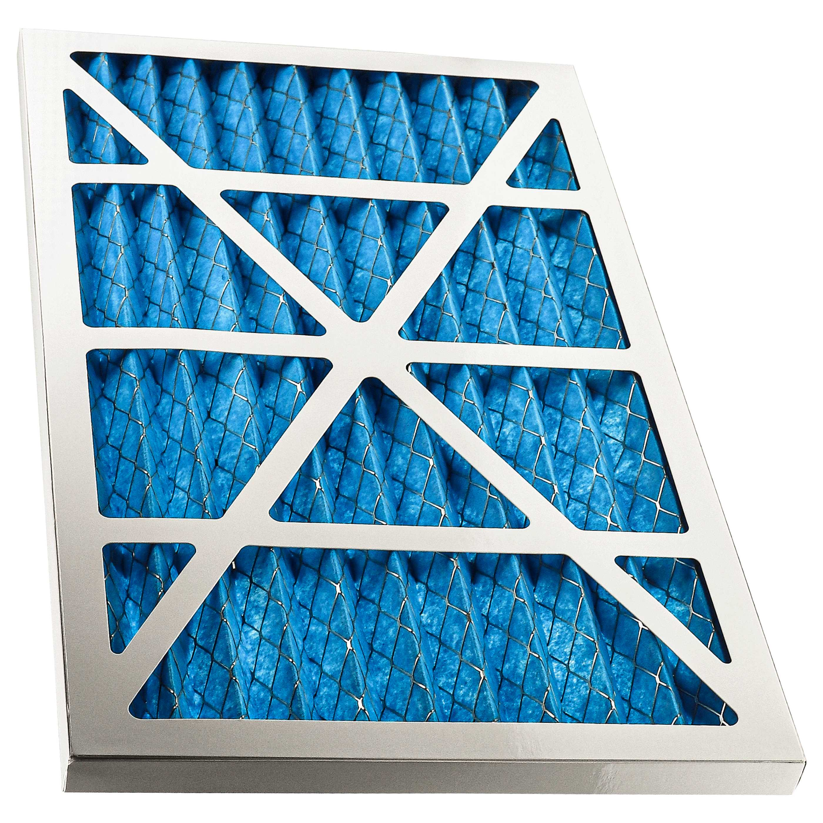 Ein rechteckiger Luftfilter mit silbernem Rahmen und blauem Filtermaterial. Es hat ein Kreuzschraffurmuster.