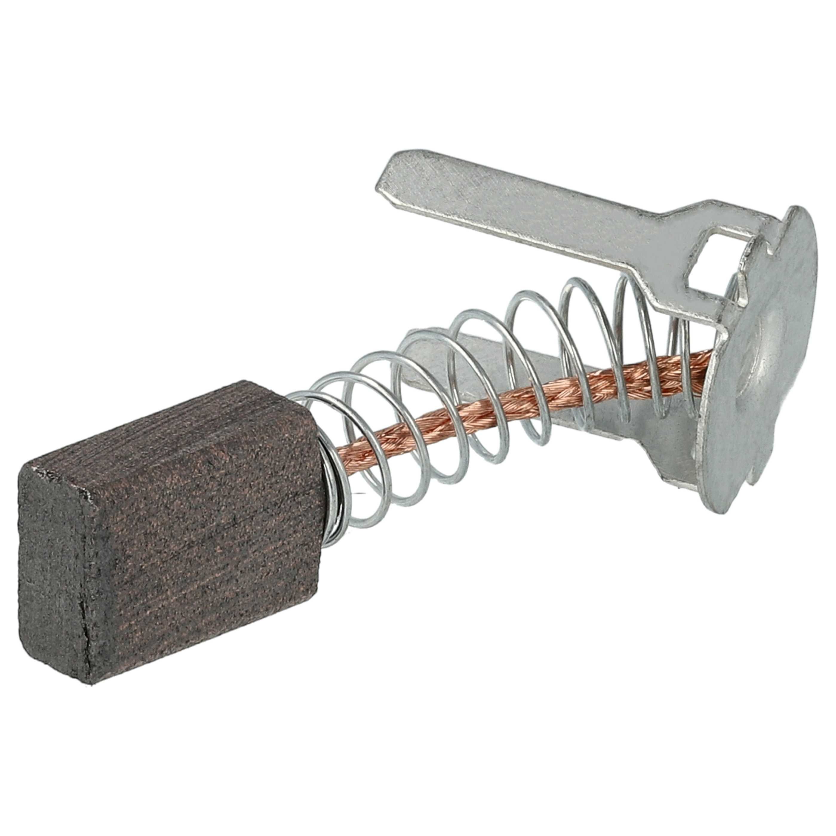 Ein kleiner Teil eines Motors: ein rechteckiger Kohlebürste und eine silberne Feder mit Metallplatte.