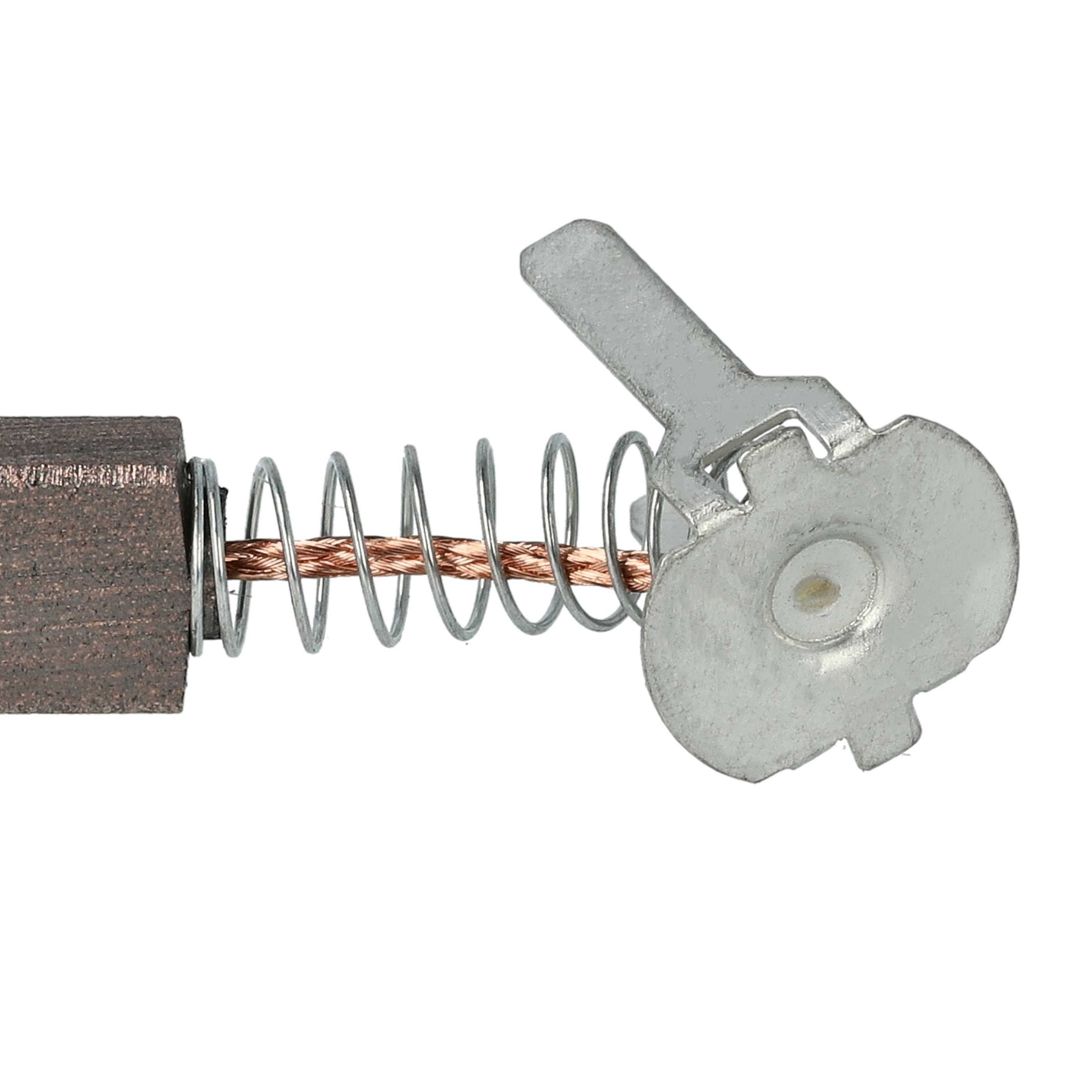 Metall-Kohlebürsten-Baugruppe mit Feder und Stecker. Nahaufnahme vor weißem Hintergrund.