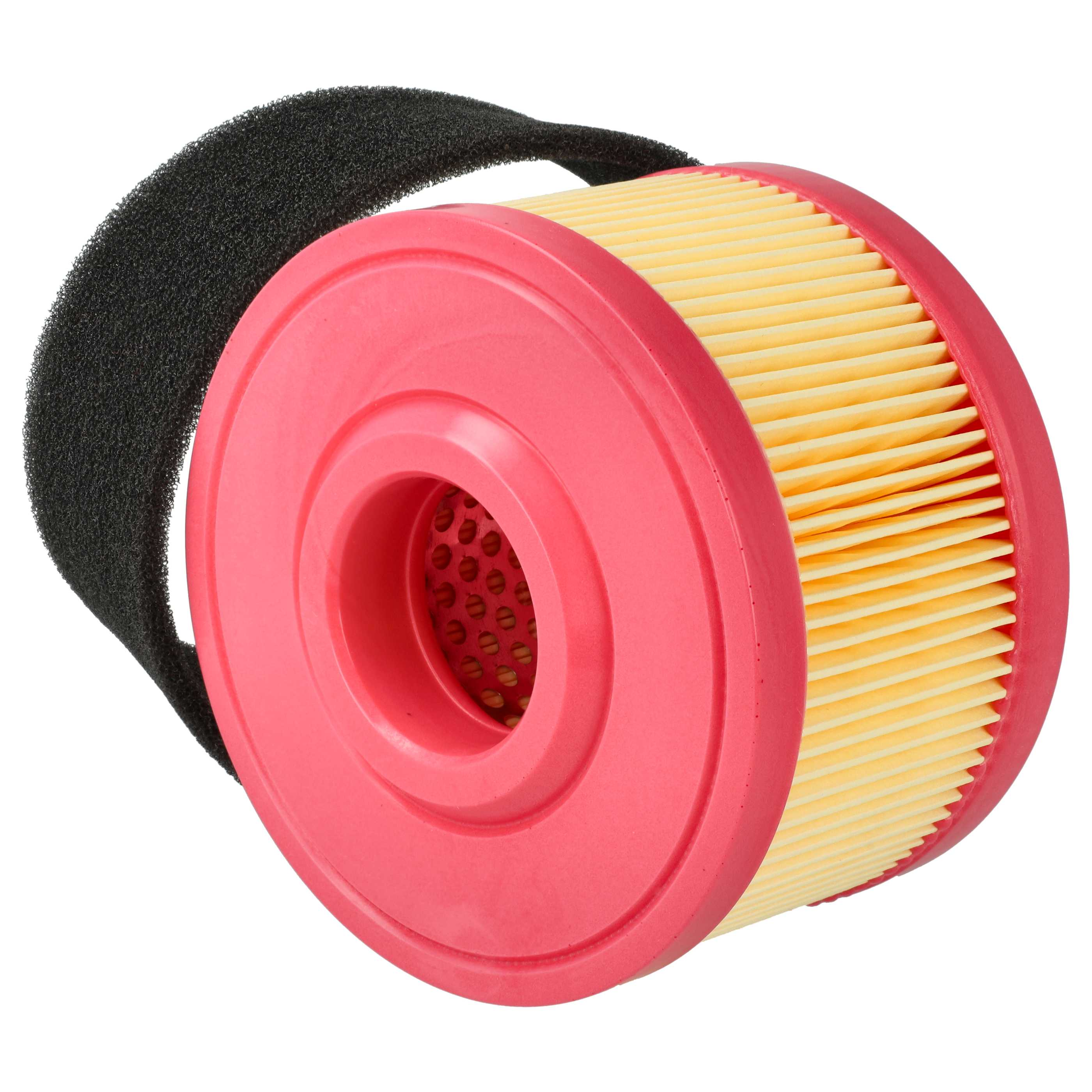 Runder Luftfilter; rosa Rand, gelber Filter und schwarzer Schaumstoff.