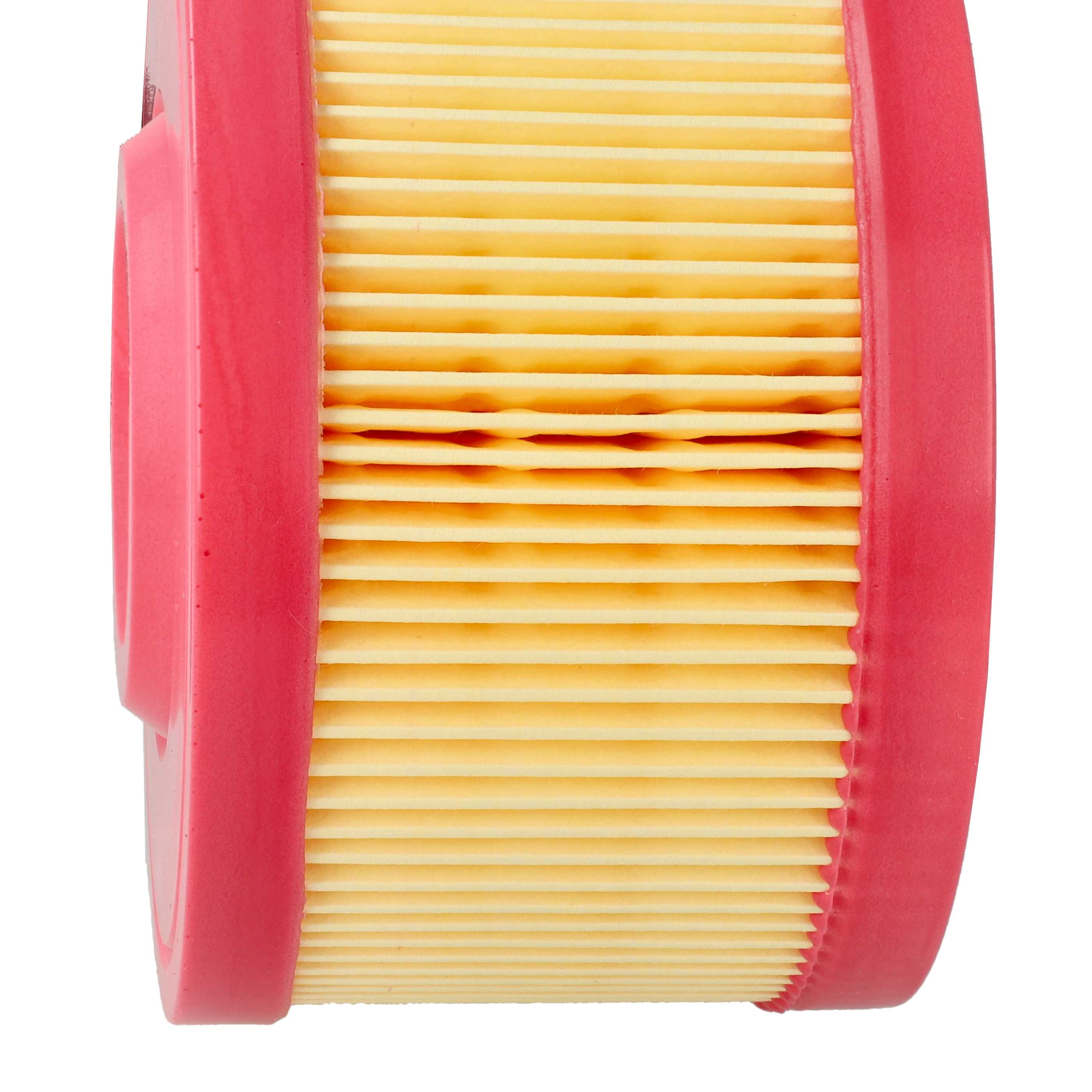 Nahaufnahme eines Luftfilters mit rotem Rahmen und gelbem, plissiertem Filtermaterial.