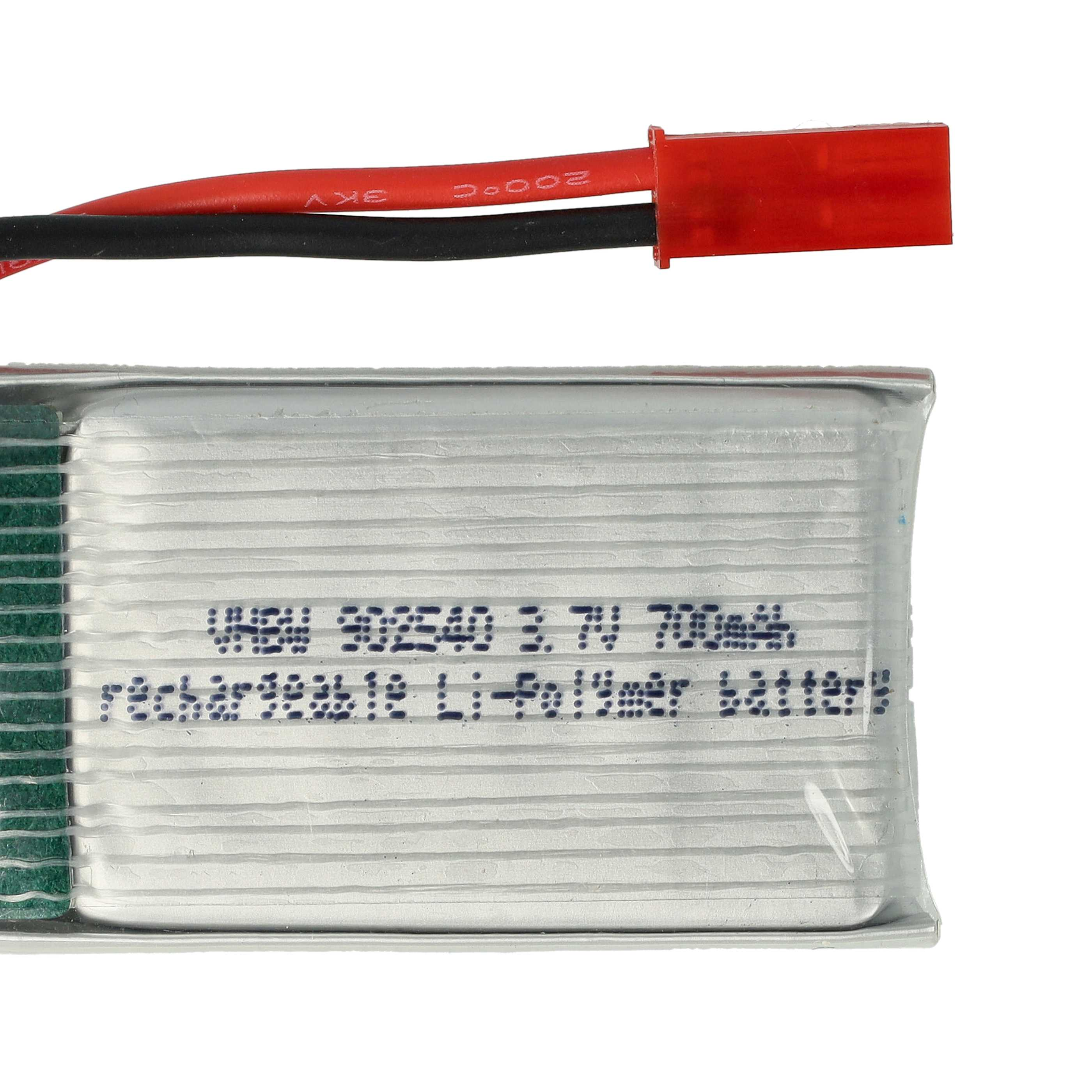 Wiederaufladbarer Li-Polymer-Akku mit roten und schwarzen Drähten. Text ist aufgedruckt.