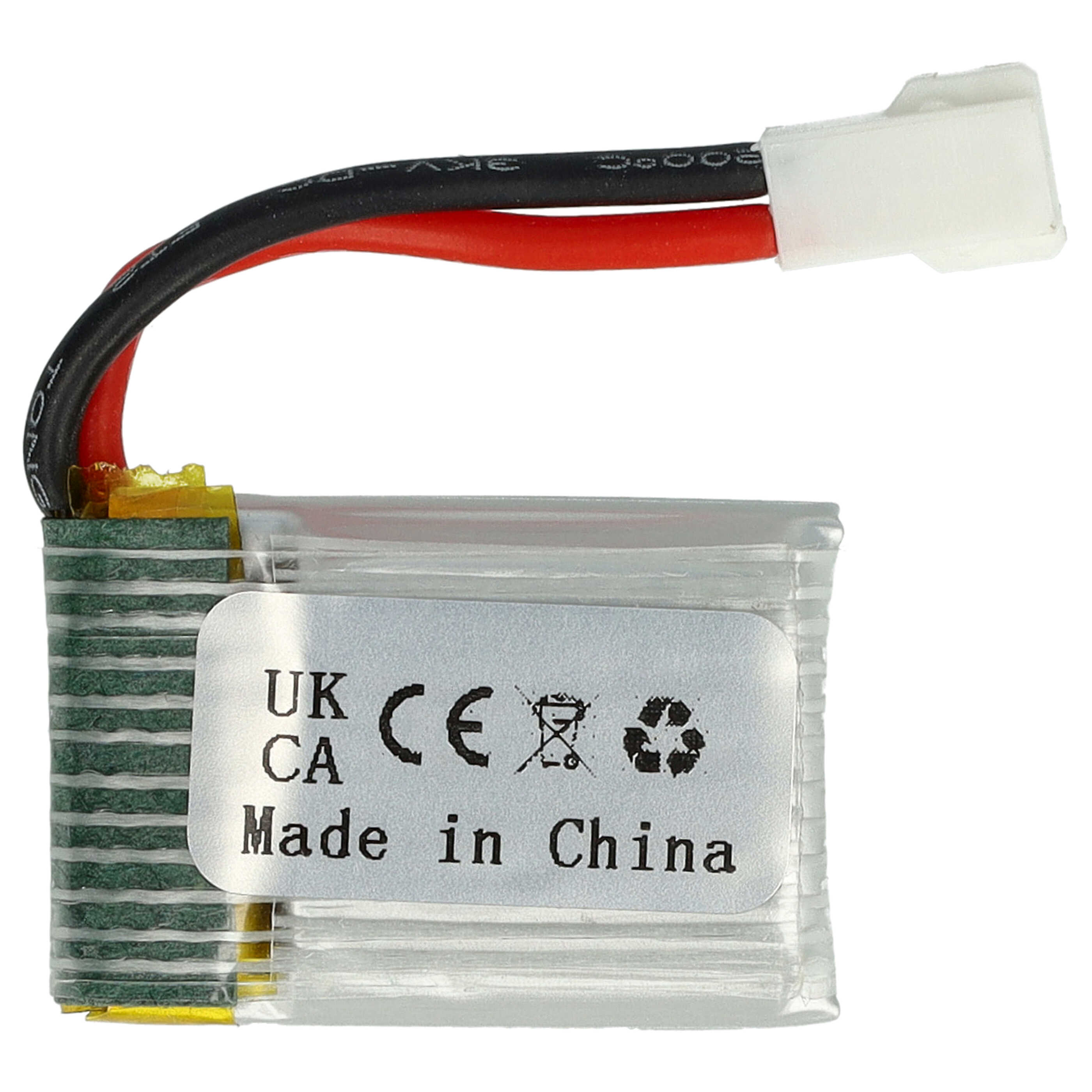 Eine kleine Batterie mit schwarzen und roten Drähten und einem weißen Stecker. Sie ist mit 'Made in China' gekennzeichnet.