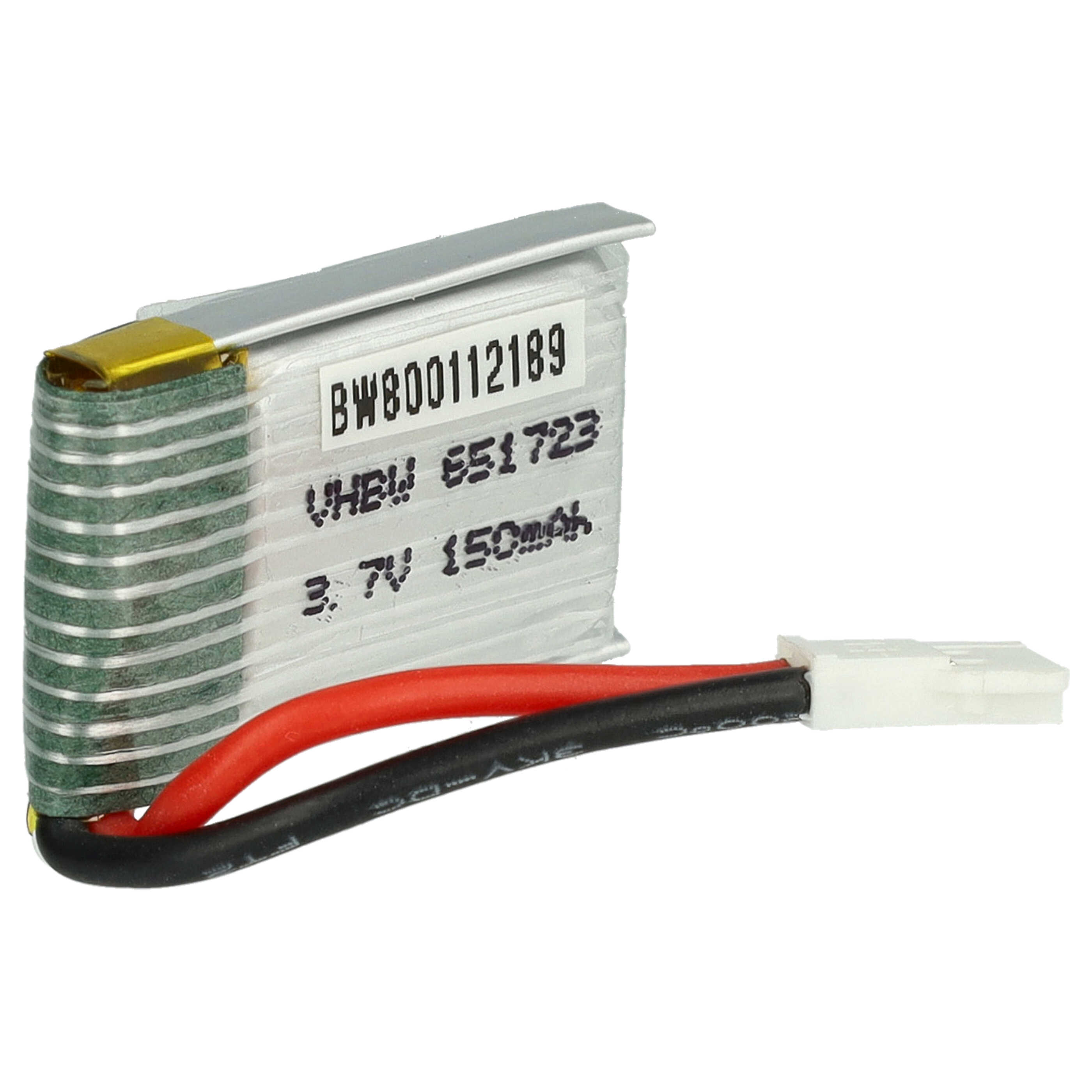 Ein kleiner rechteckiger Akku mit schwarzen und roten Drähten und einem weißen Stecker. Die Batterie hat Text darauf.