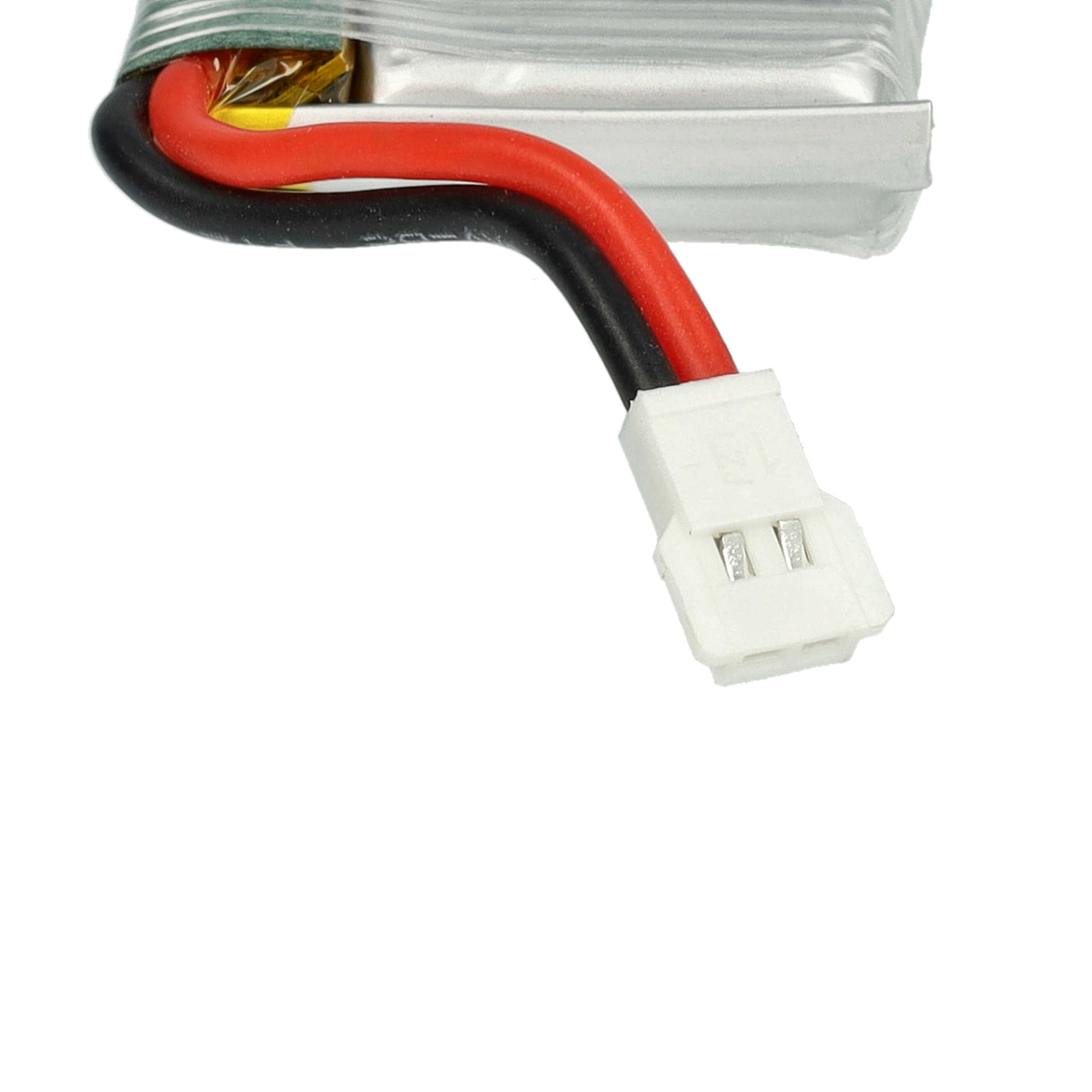 Batterie mit roten und schwarzen Drähten und einem weißen Stecker auf weißem Hintergrund.