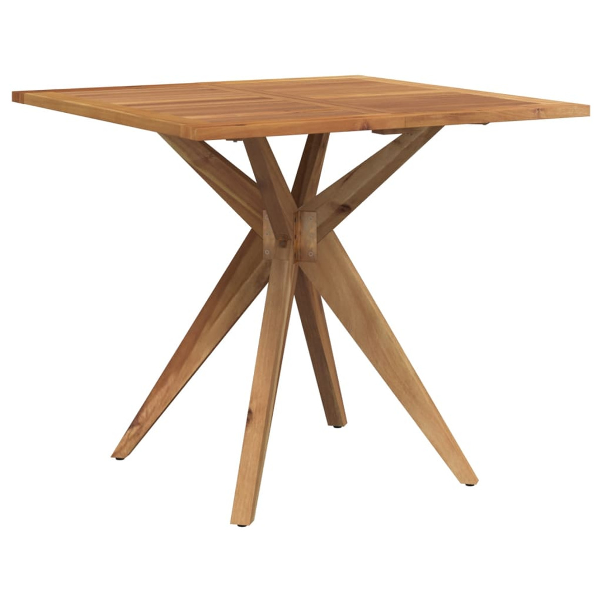 Quadratischer Holztisch mit sternförmigen Beinen. Weißer Hintergrund.