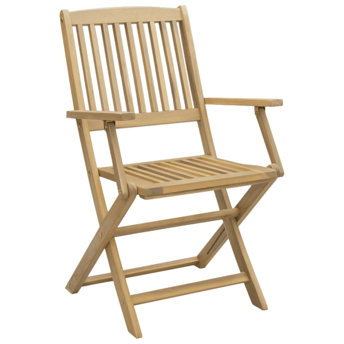 Klappstuhl aus Holz. Der Stuhl hat vertikale Lamellen auf der Rückseite und Armlehnen. Er ist geöffnet und einsatzbereit.