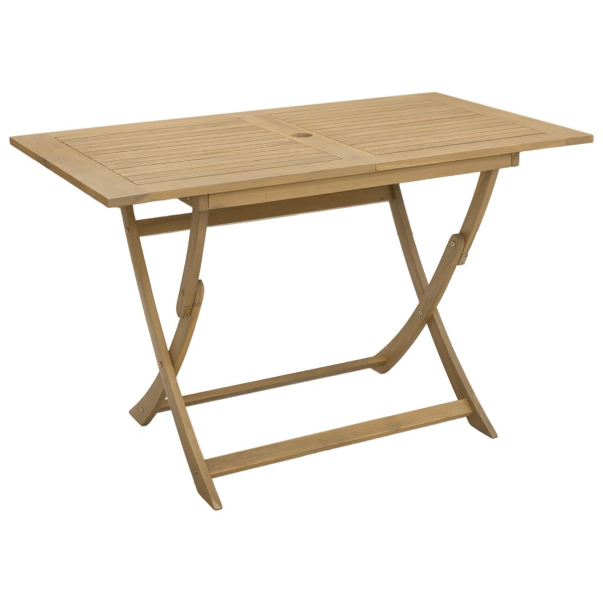 Klapptisch aus Holz. Braune Holzlamellen. Gekreuzte Beine. Weißer Hintergrund.