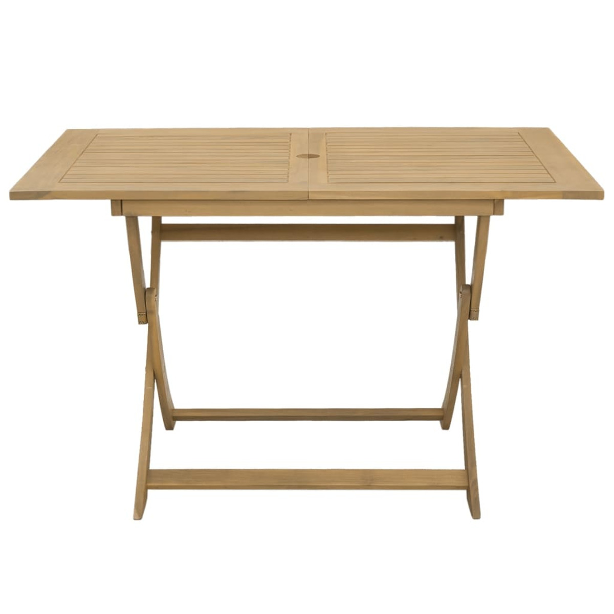Klapptisch aus Holz, offen. Lattenrost und Klappbeine. Isoliert auf Weiß.