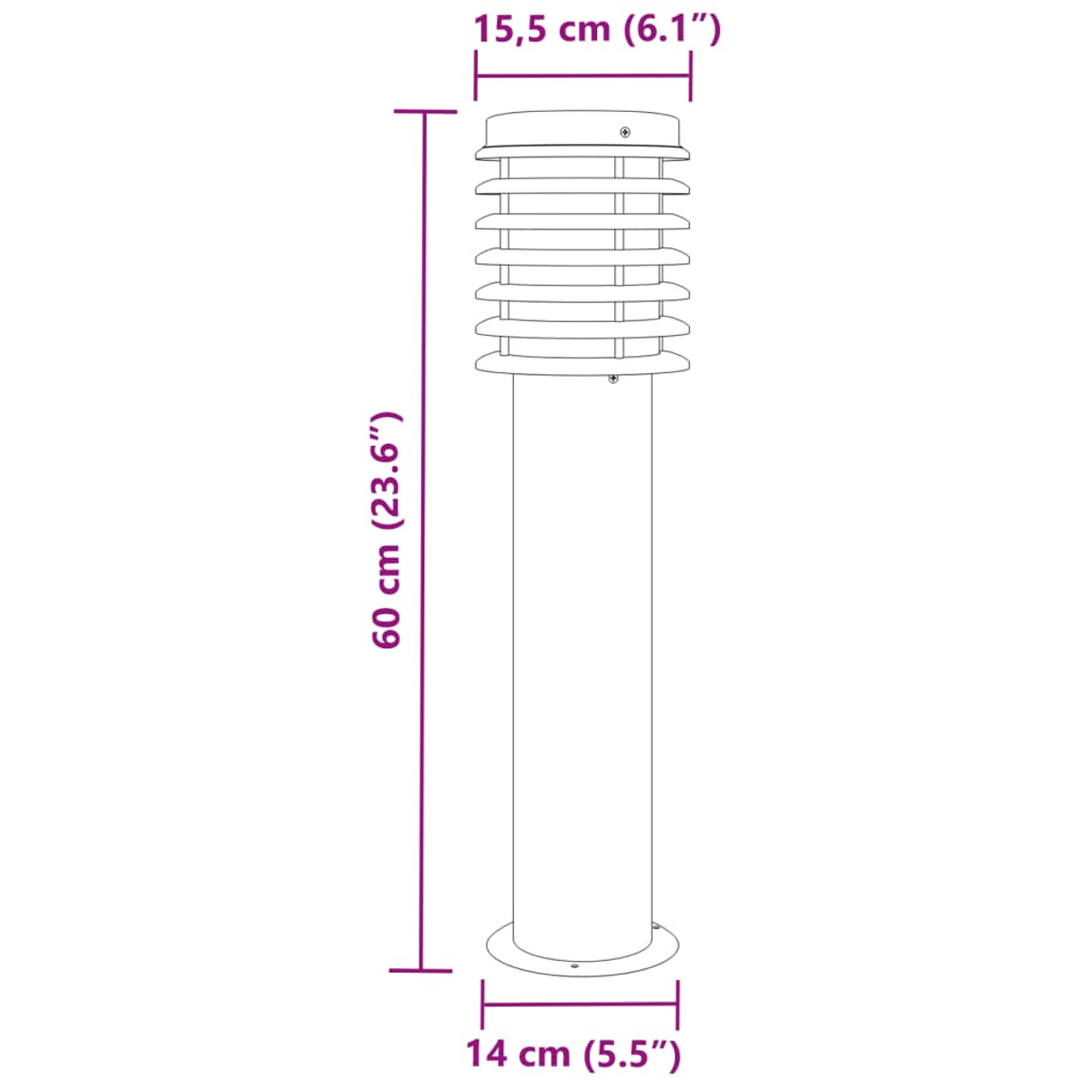 Eine hohe silberne Außenlampe mit Abmessungen in cm und Zoll.