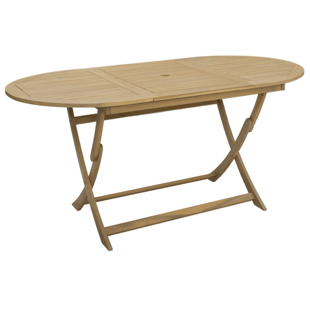 Ovaler Holztisch mit Klappbeinen, im Freien.