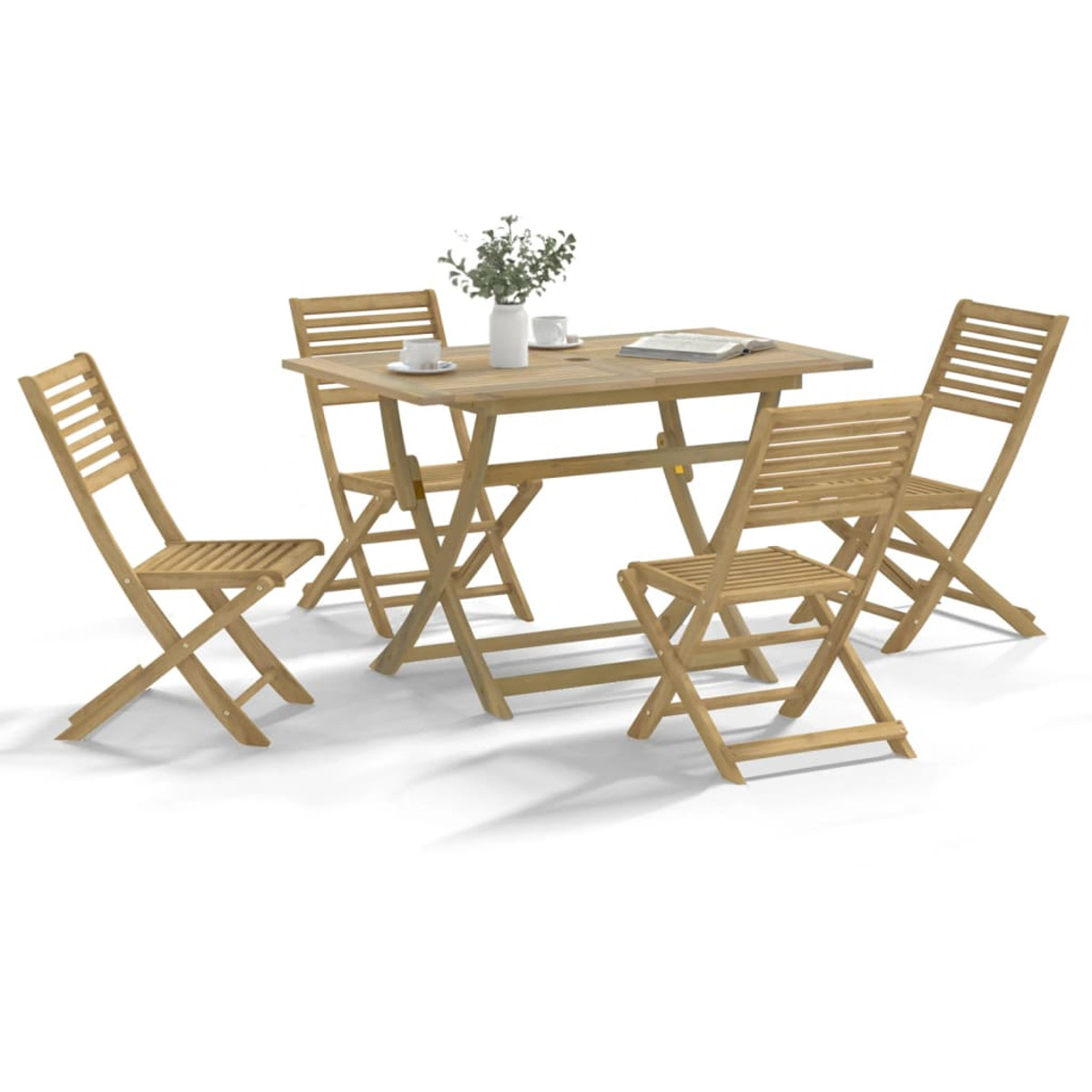 Essgruppe aus Holz für den Außenbereich mit Tisch und vier Stühlen auf weißem Hintergrund.