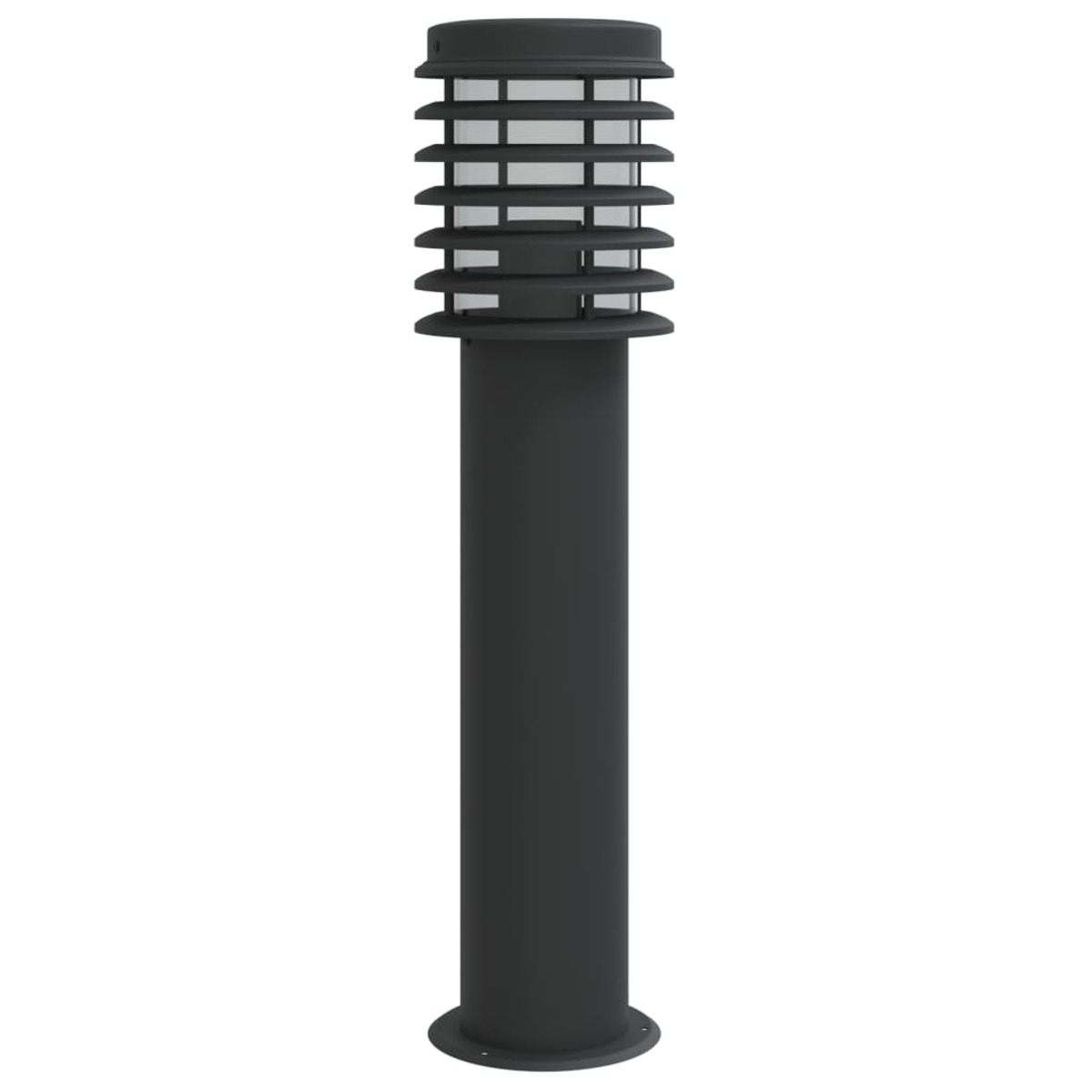 Eine schwarze Außenlaterne mit Lamellen oben, zylindrischem Körper und rundem Sockel.