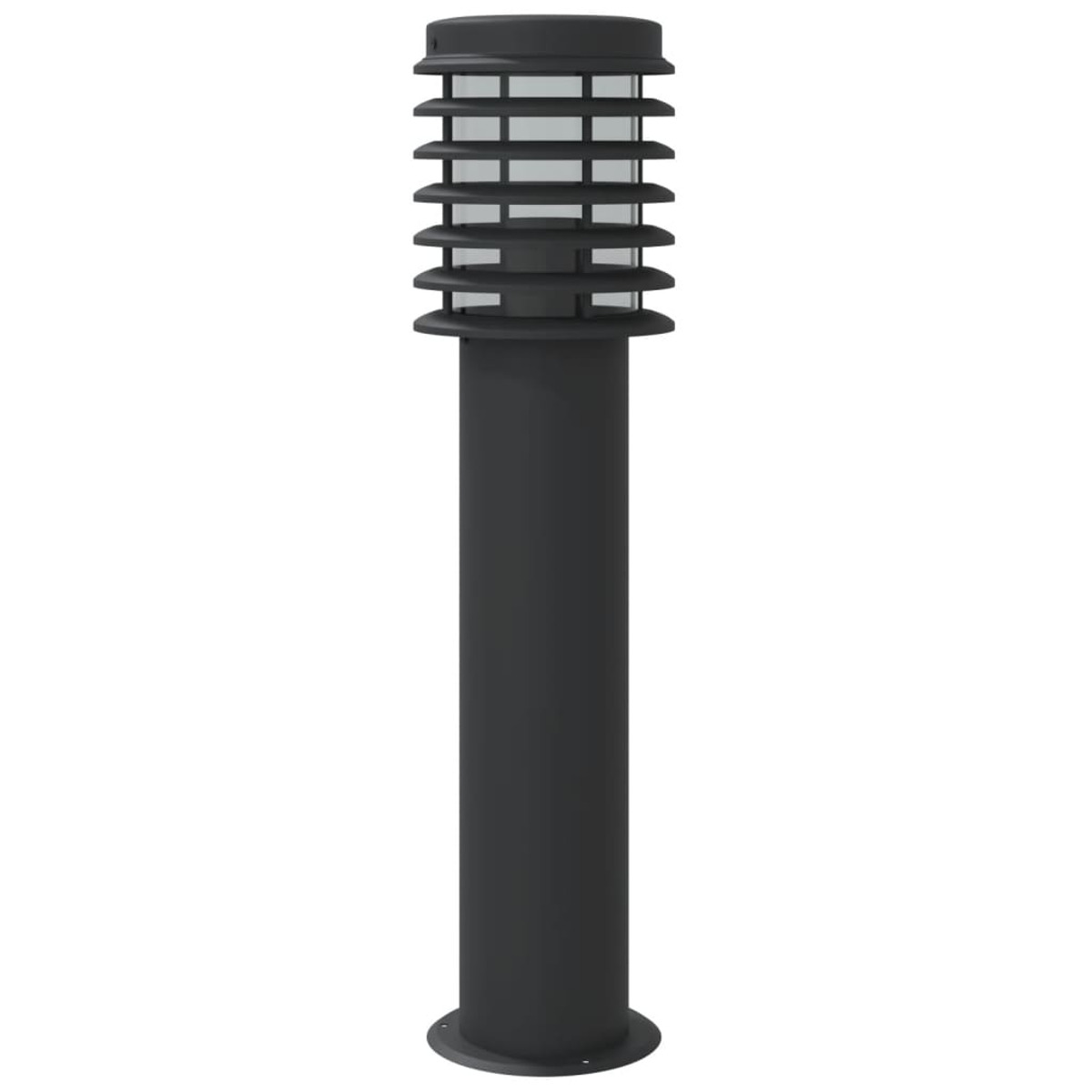 Schwarze Außenlaterne mit zylindrischem Design. Es ist auf weißem Hintergrund.