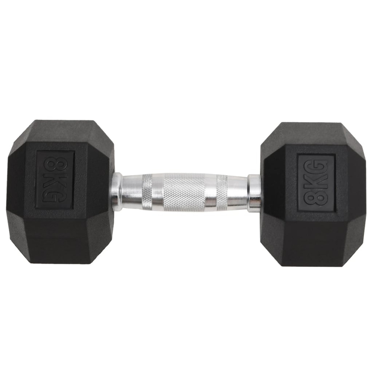 Eine 8 kg Hantel mit schwarzem Kopf und silbernem Griff, horizontal platziert.