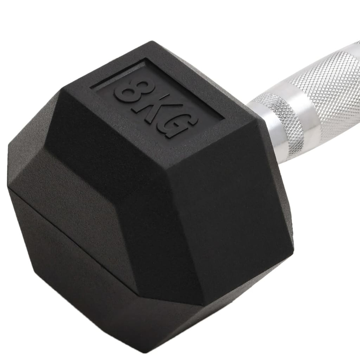 Schwarze Hantel mit 8KG-Markierung. Sie hat einen schwarzen, sechseckigen Kopf und einen Metallgriff.