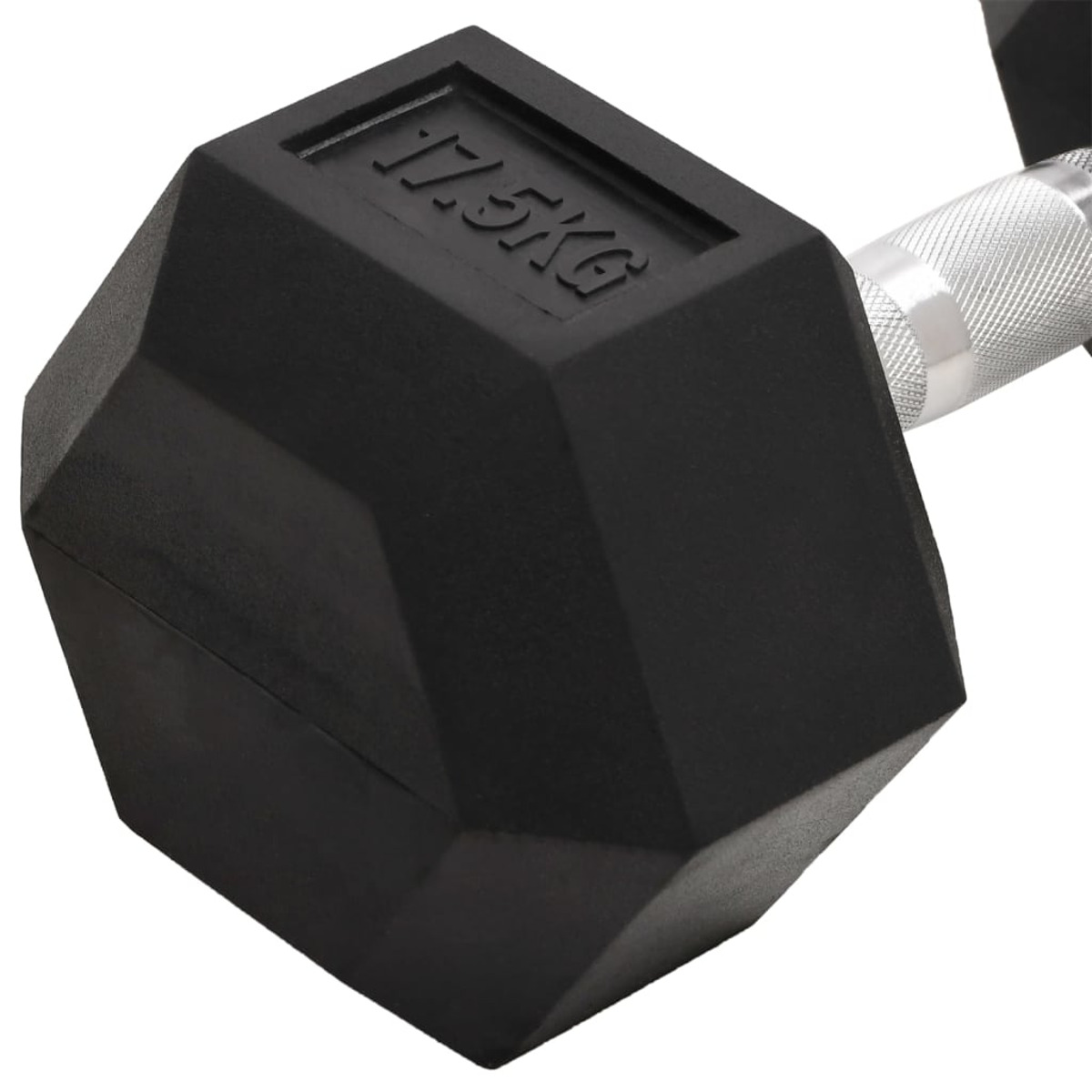 Schwarze Hantel mit 17,5 kg Aufdruck. Die Hantel ist sechseckig mit einem Chromgriff.