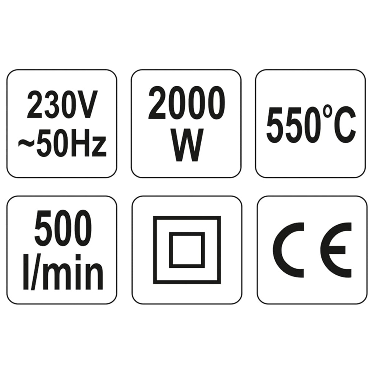 Sechs weiße Quadrate mit schwarzem Text und Symbolen, die Spannung, Leistung, Temperatur, Luftstrom und CE-Kennzeichen zeigen.