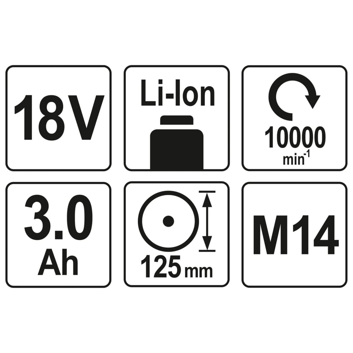 Symbole für Leistung, Li-Ionen-Akku, Drehzahl, Ah, Durchmesser und M14.