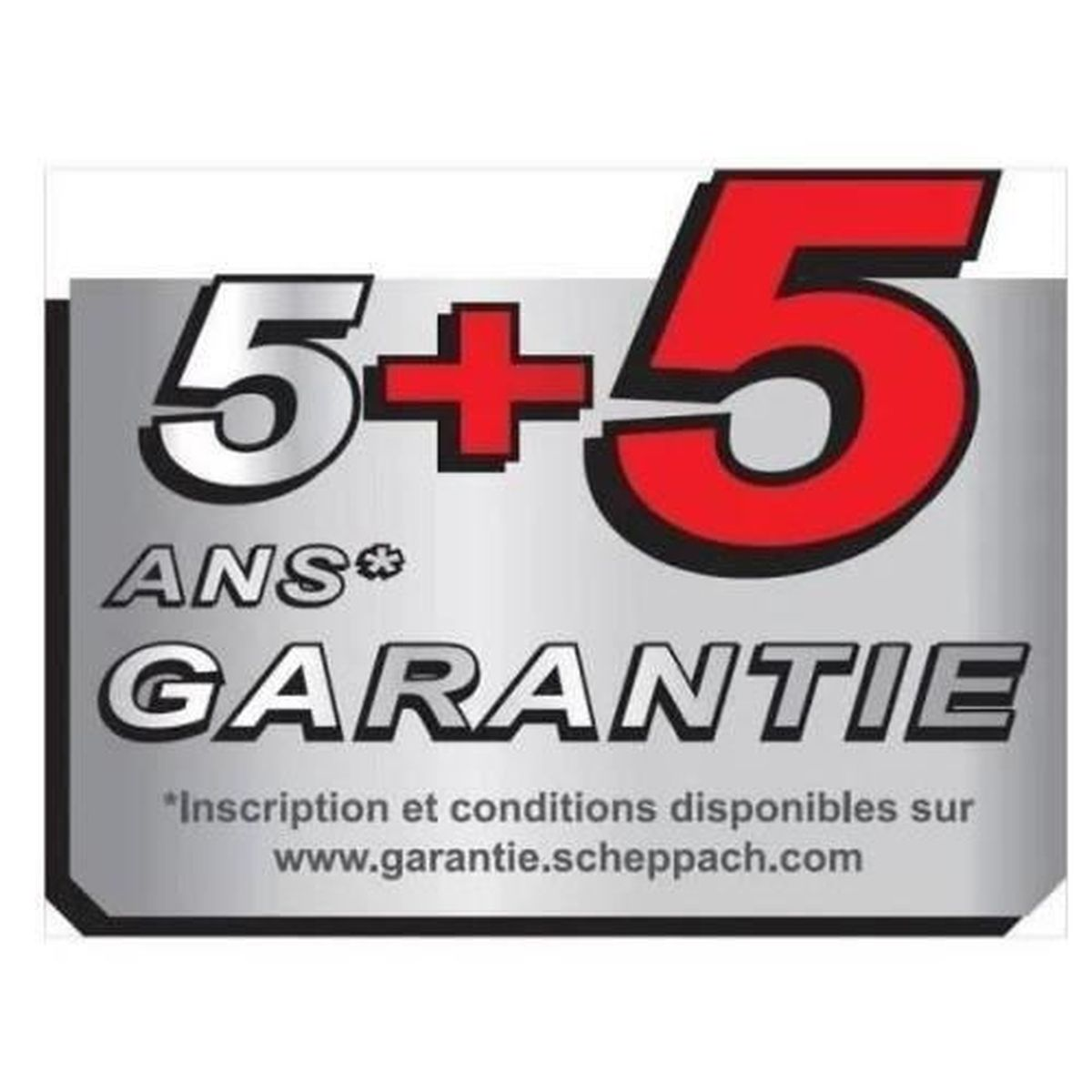 Weißes und graues Etikett mit dem Text 5+5 JAHRE GARANTIE. Kleinerer Text unten.