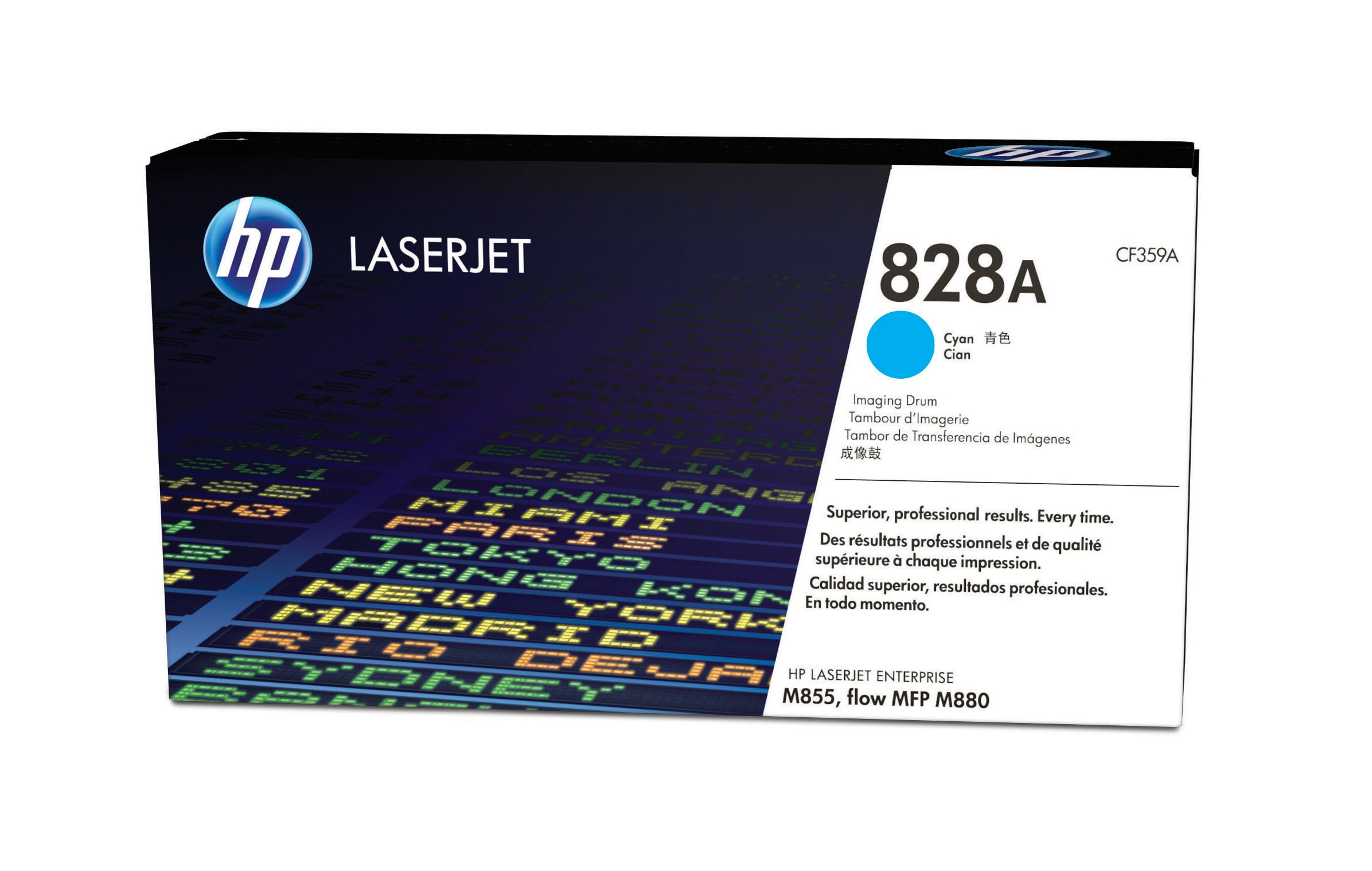 Scatola cartuccia HP Laserjet. Etichetta colore ciano. Sfondo bianco.