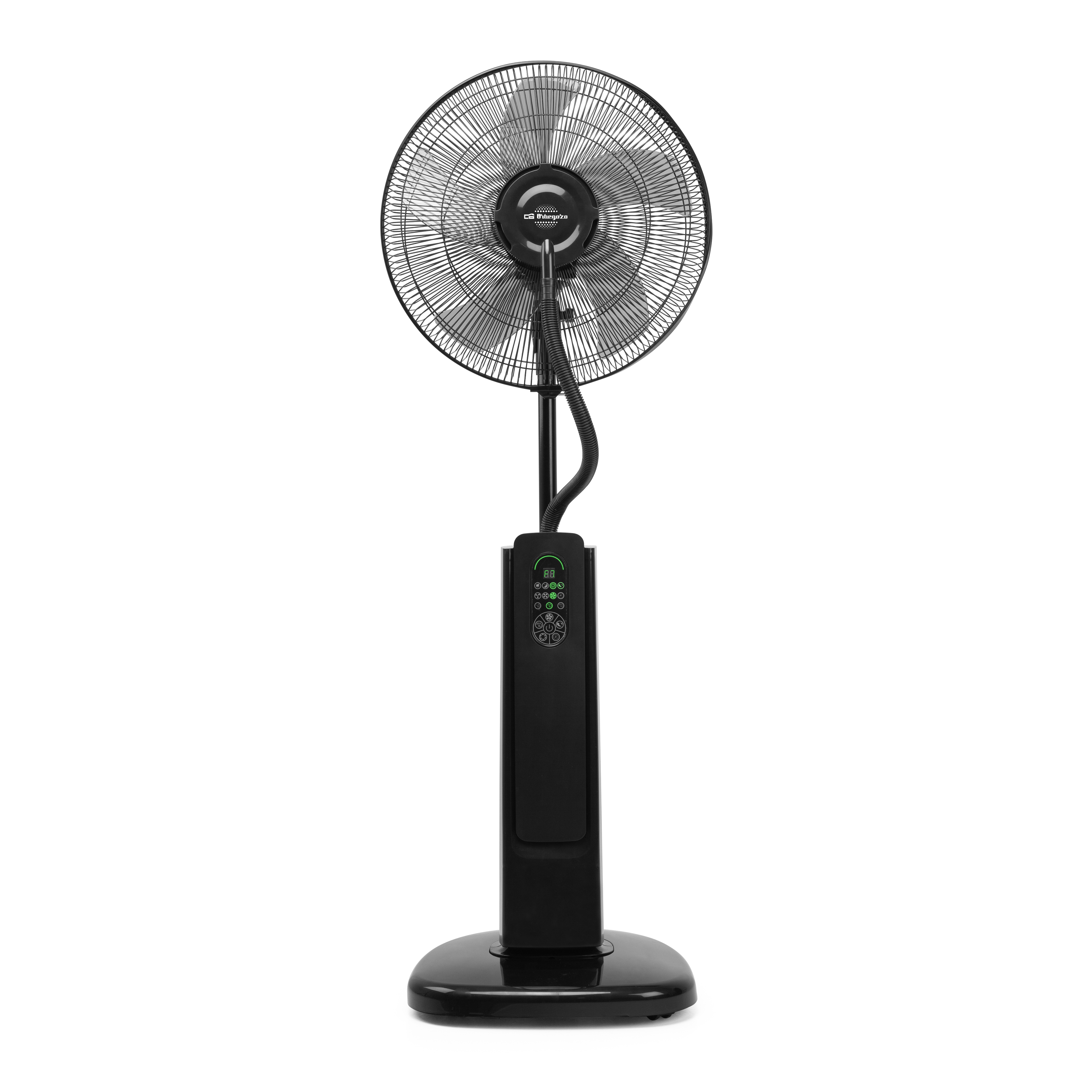 Ventilador de pie negro con cabezal circular y panel de control en la base.